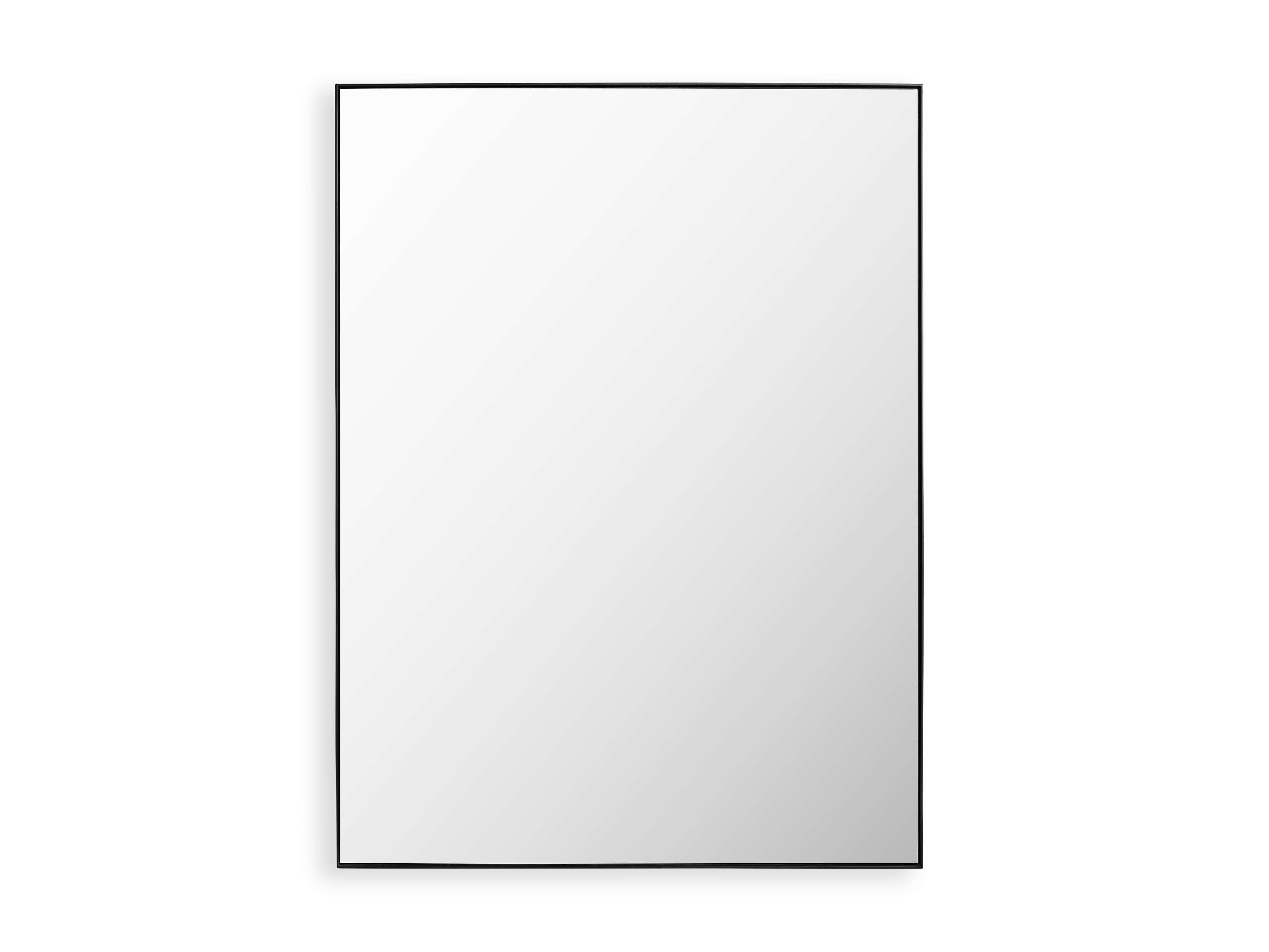 A rectangular wall mirror with a minimalist black steel frame, reflecting a clean and smooth surface.