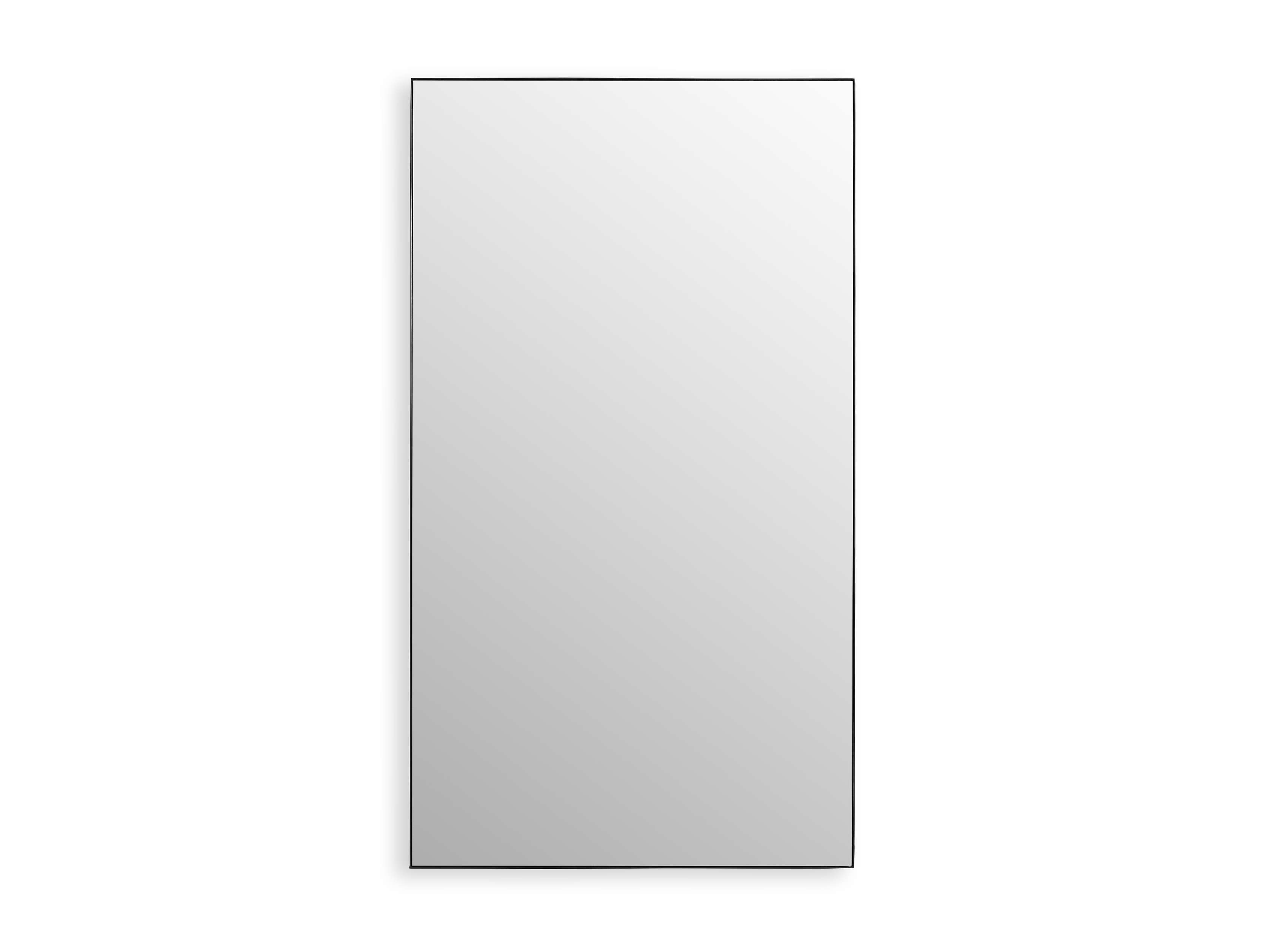 Rectangular floor mirror with a minimalist black steel frame leaning against a wall, reflecting a neutral background.