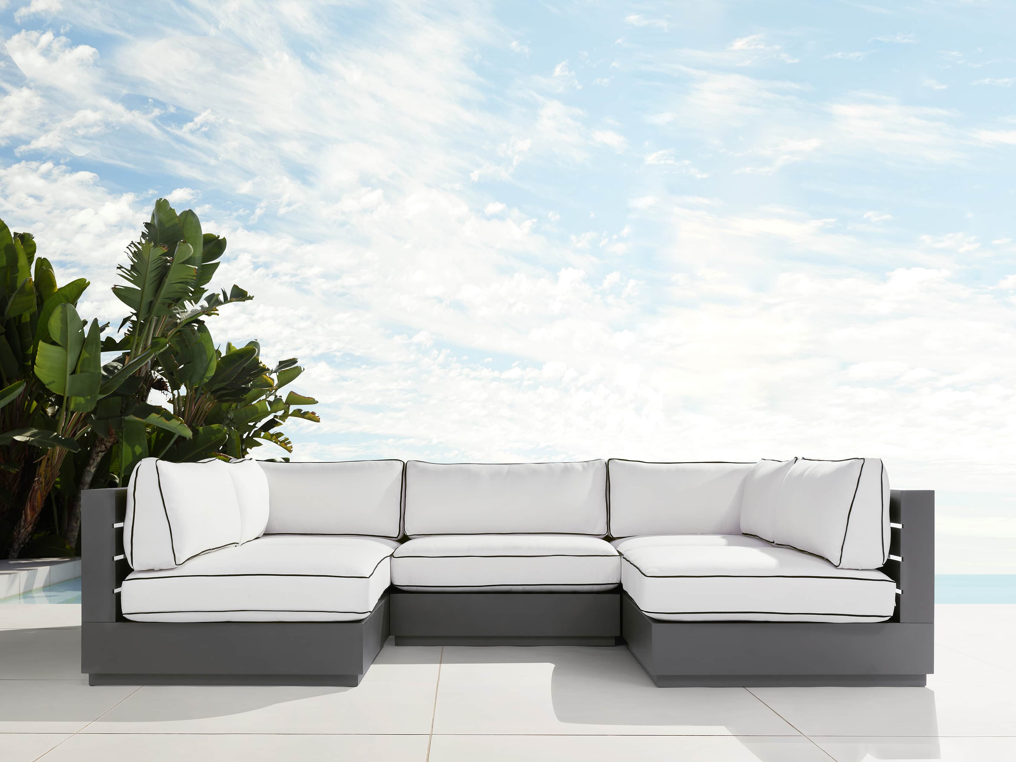 View the Bal Harbour Outdoor Aluminum Five Piece U-Shaped Sectional with Flange | Variant: SAILCLOTH SALT