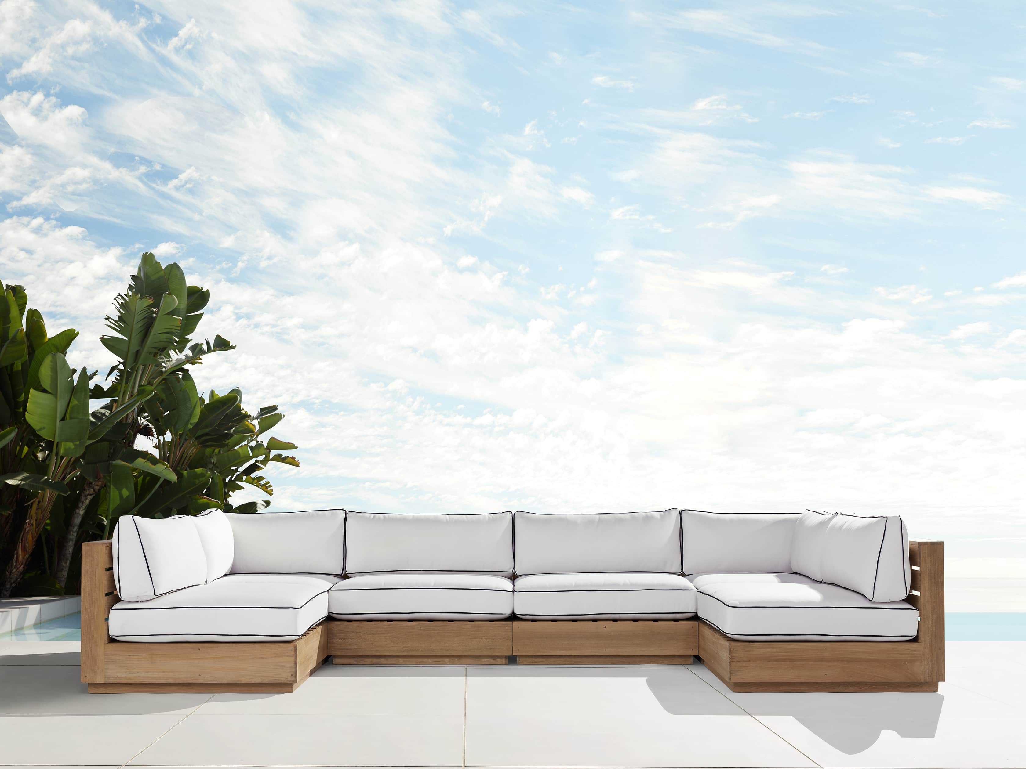 View the Bal Harbour Outdoor Teak Six Piece U-Shaped Sectional with Flange | Variant: SAILCLOTH SALT