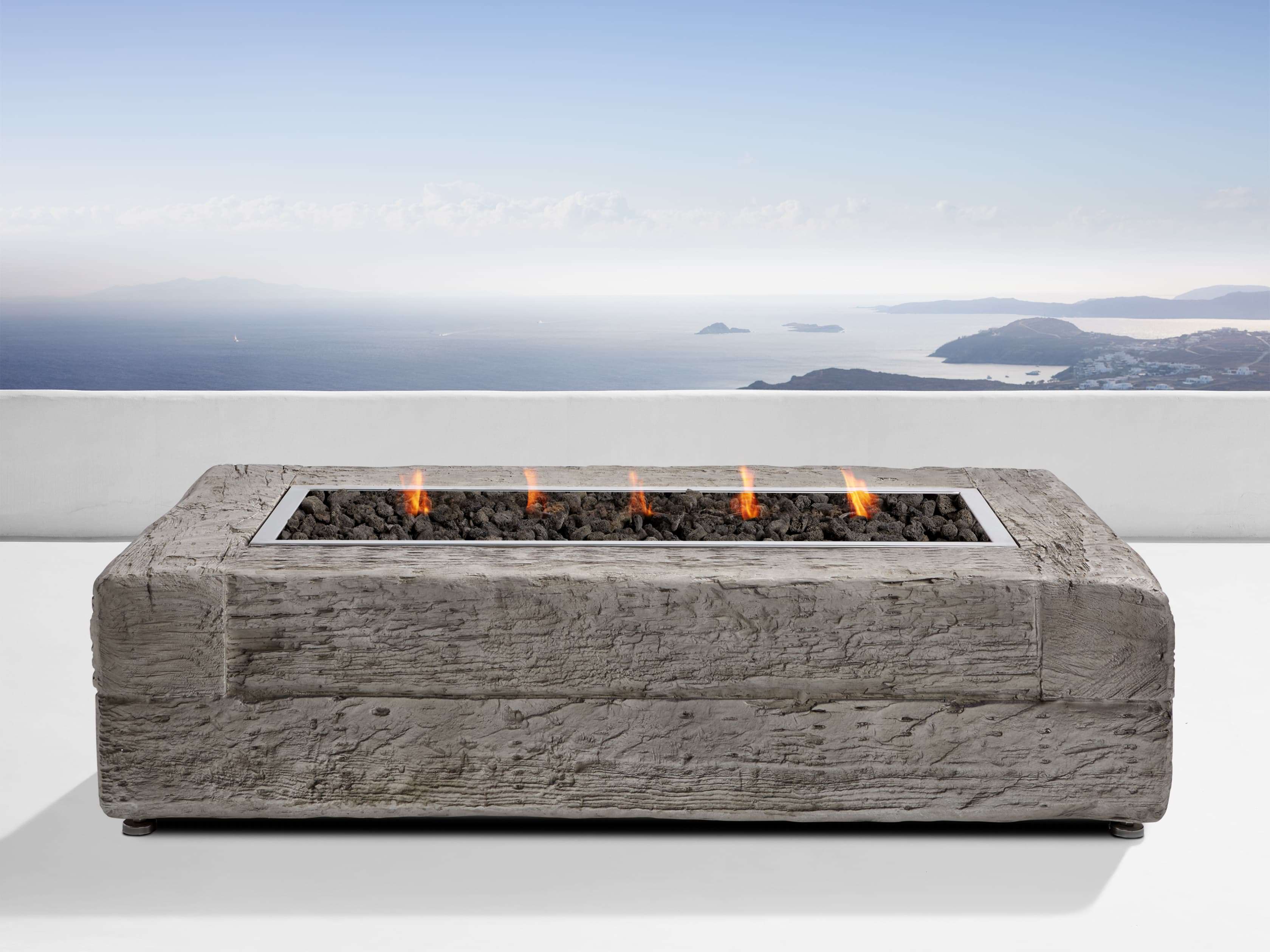 Light Grey Log Rectangle Outdoor Fire, Gray Natural Playa Stone Propane Fire Pit Table