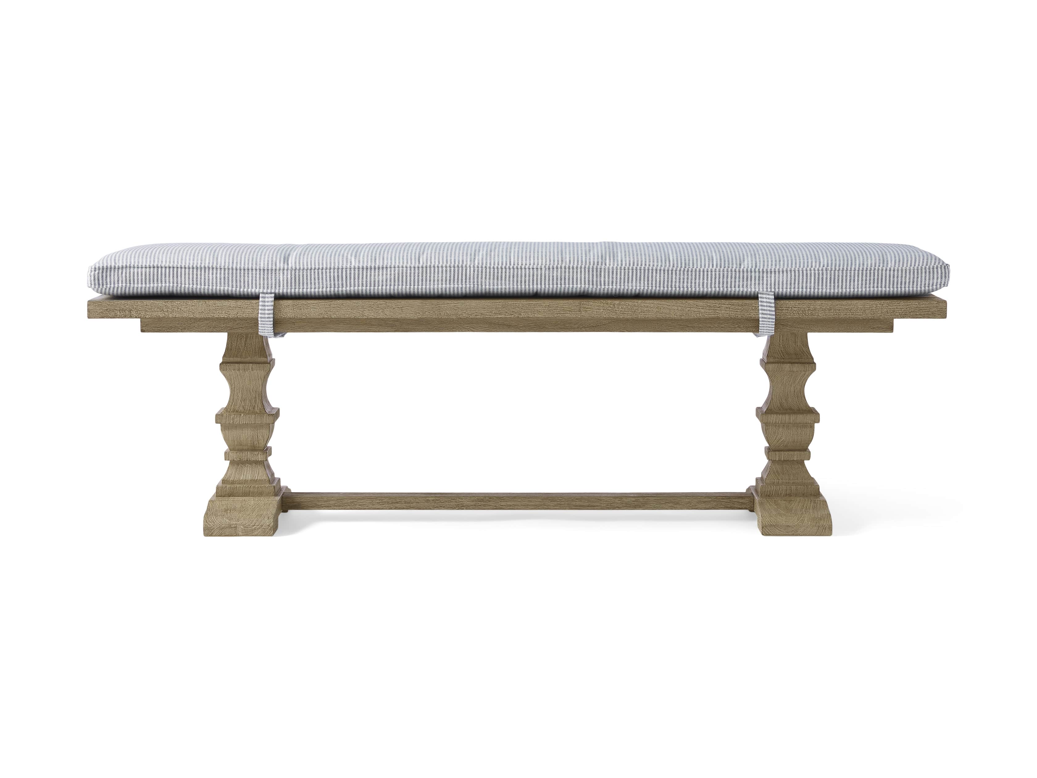 Hamptons Outdoor Upholstered 80" Teak/Cushion Dining Bench in Pinstripe Blue and Weathered Fawn, slide 2 of 4