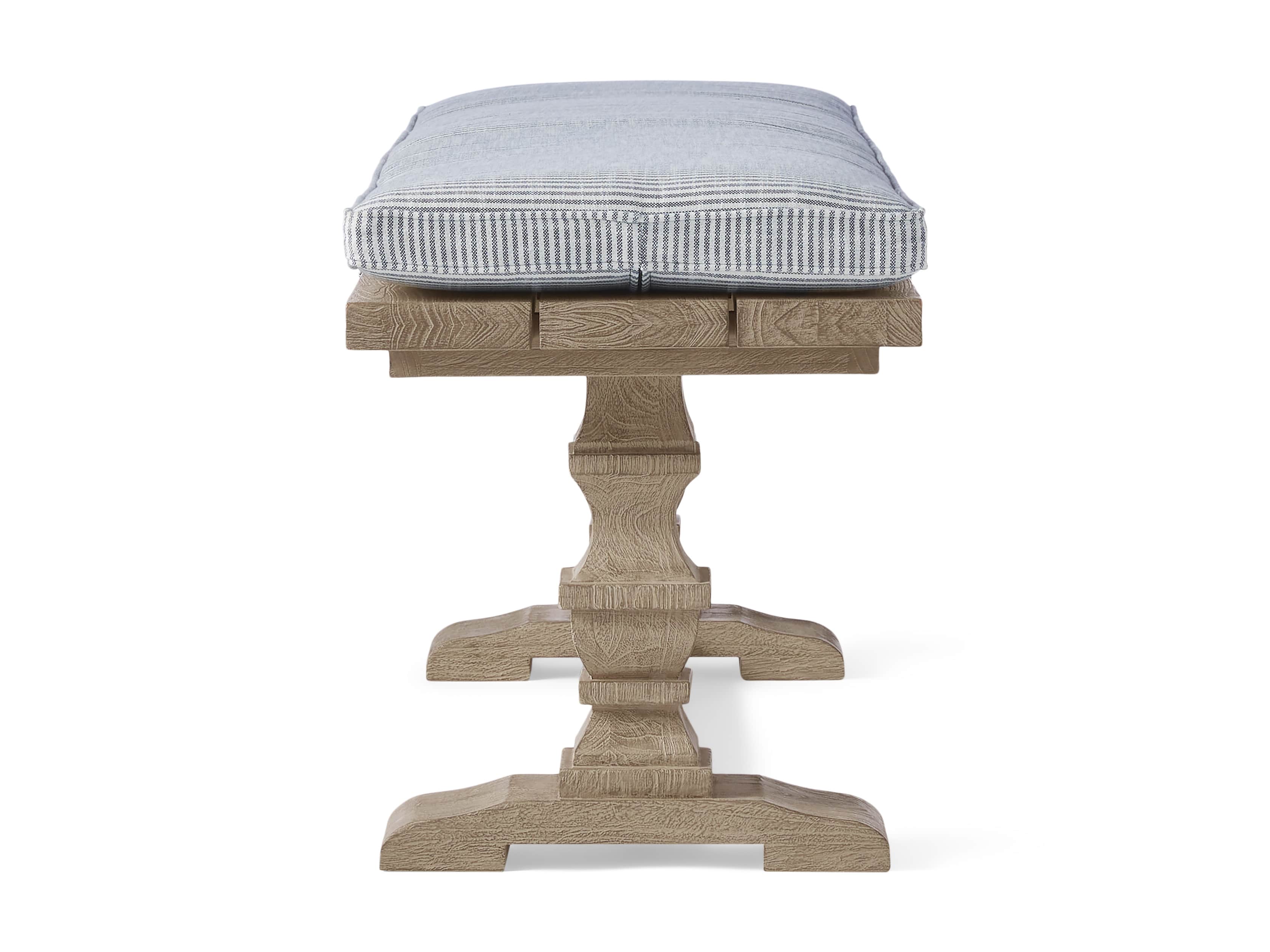 Hamptons Outdoor Upholstered 80" Teak/Cushion Dining Bench in Pinstripe Blue and Weathered Fawn, slide 3 of 4