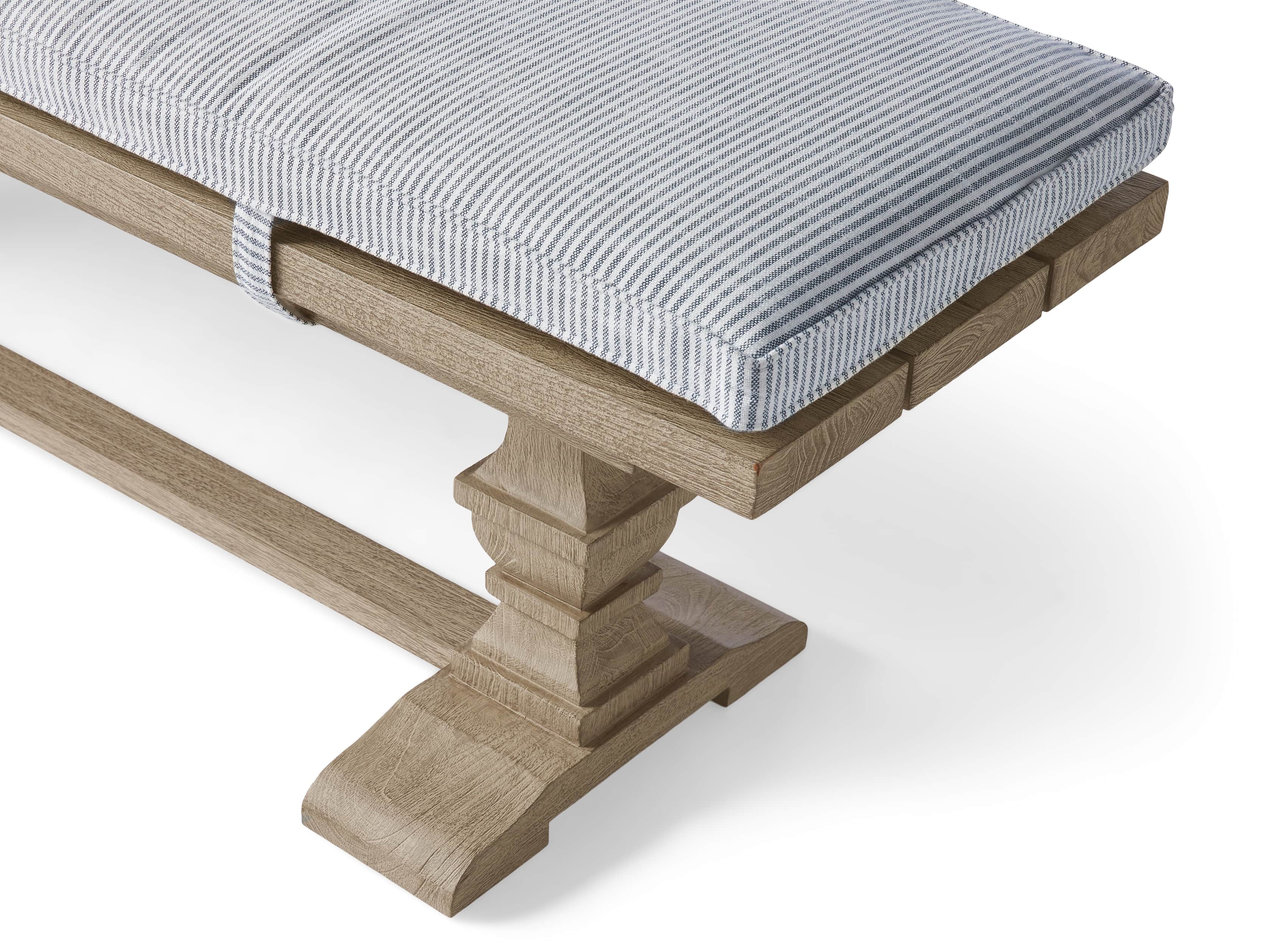 Hamptons Outdoor Upholstered 80" Teak/Cushion Dining Bench in Pinstripe Blue and Weathered Fawn, slide 4 of 4