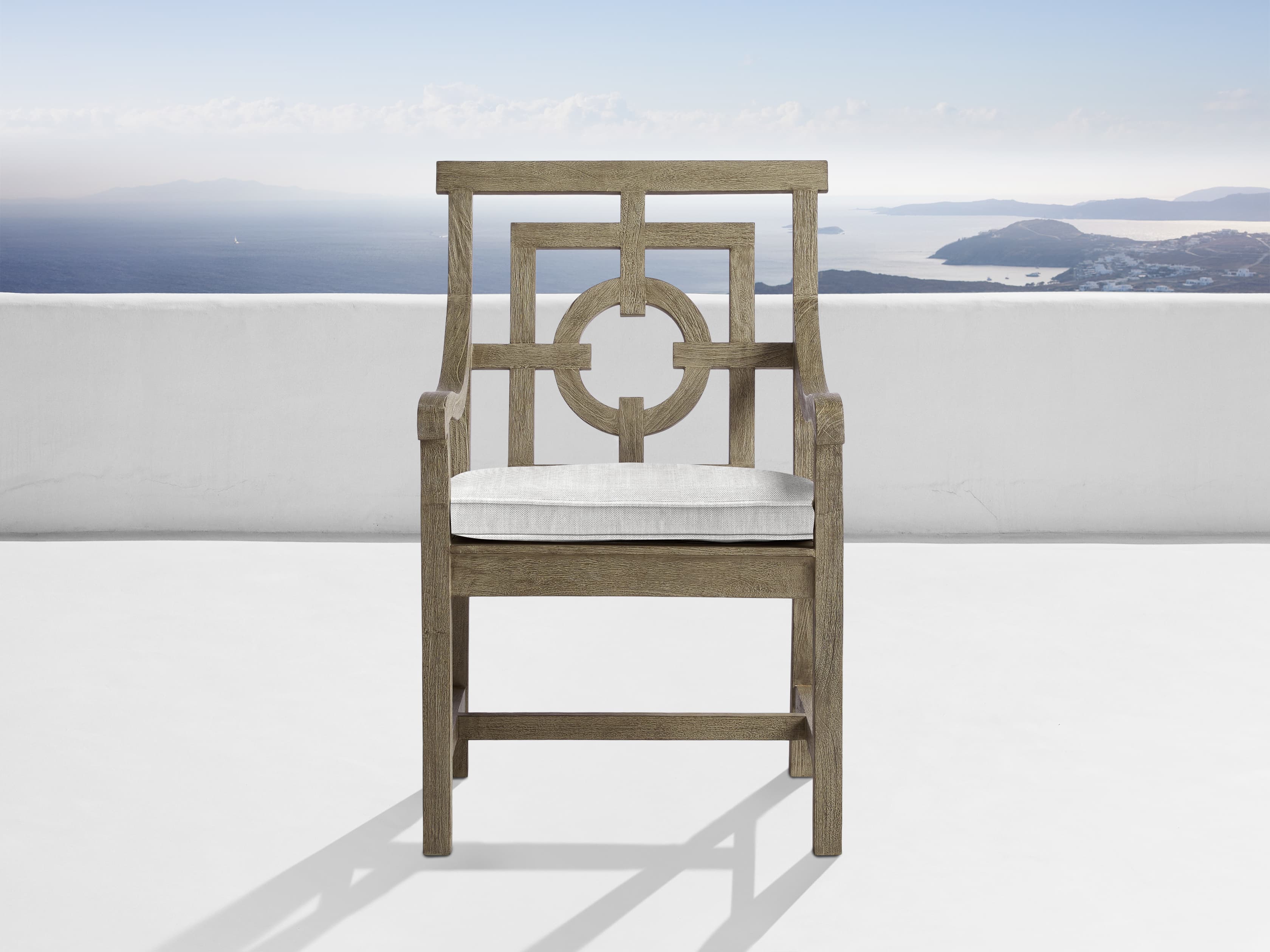 Hamptons Outdoor Dining Arm Chair in All Weather Wicker Fabric in Natural Arhaus