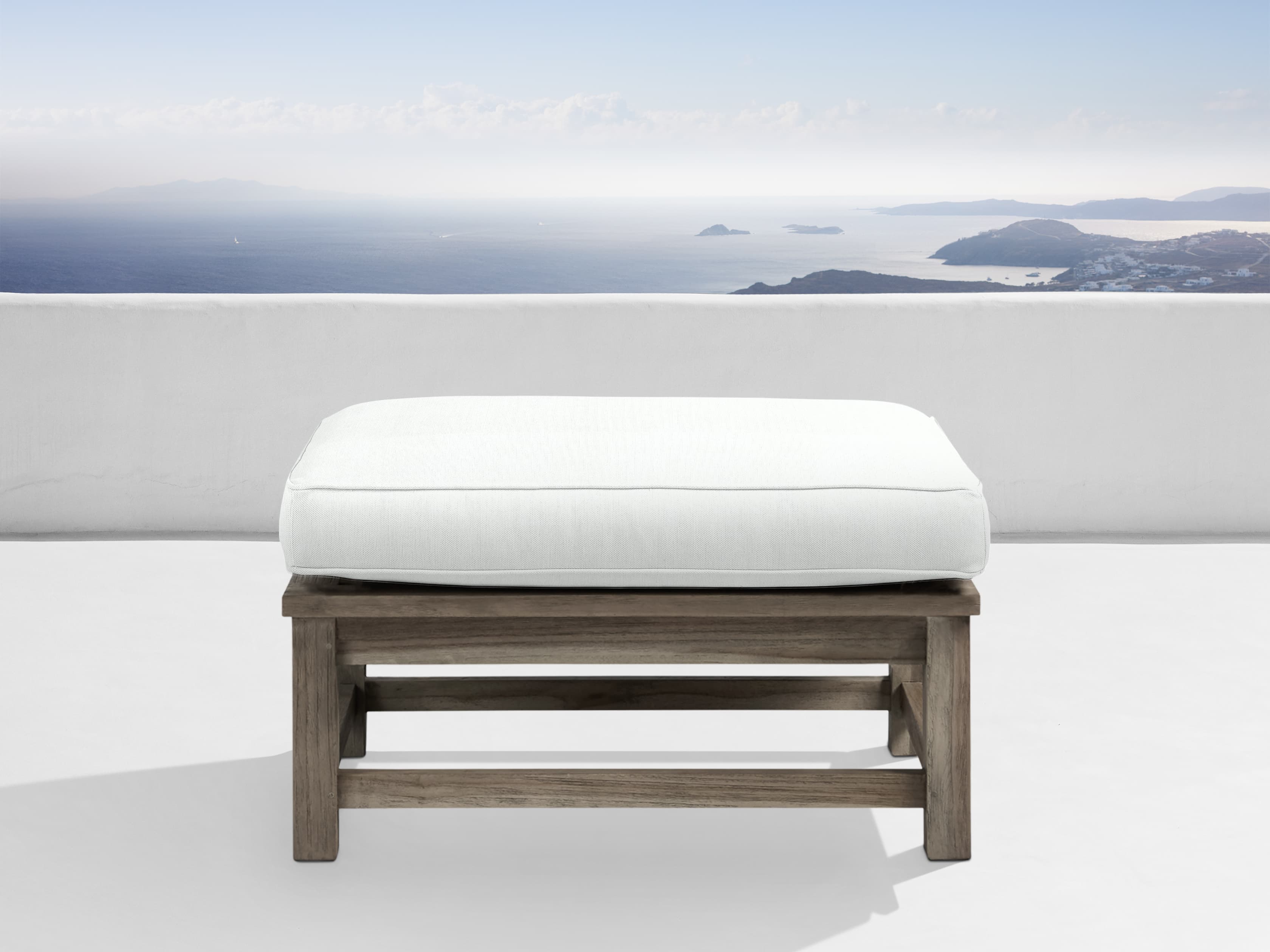Hamptons Outdoor Ottoman in Driftwood Grey All Weather Wicker Fabric in White Arhaus