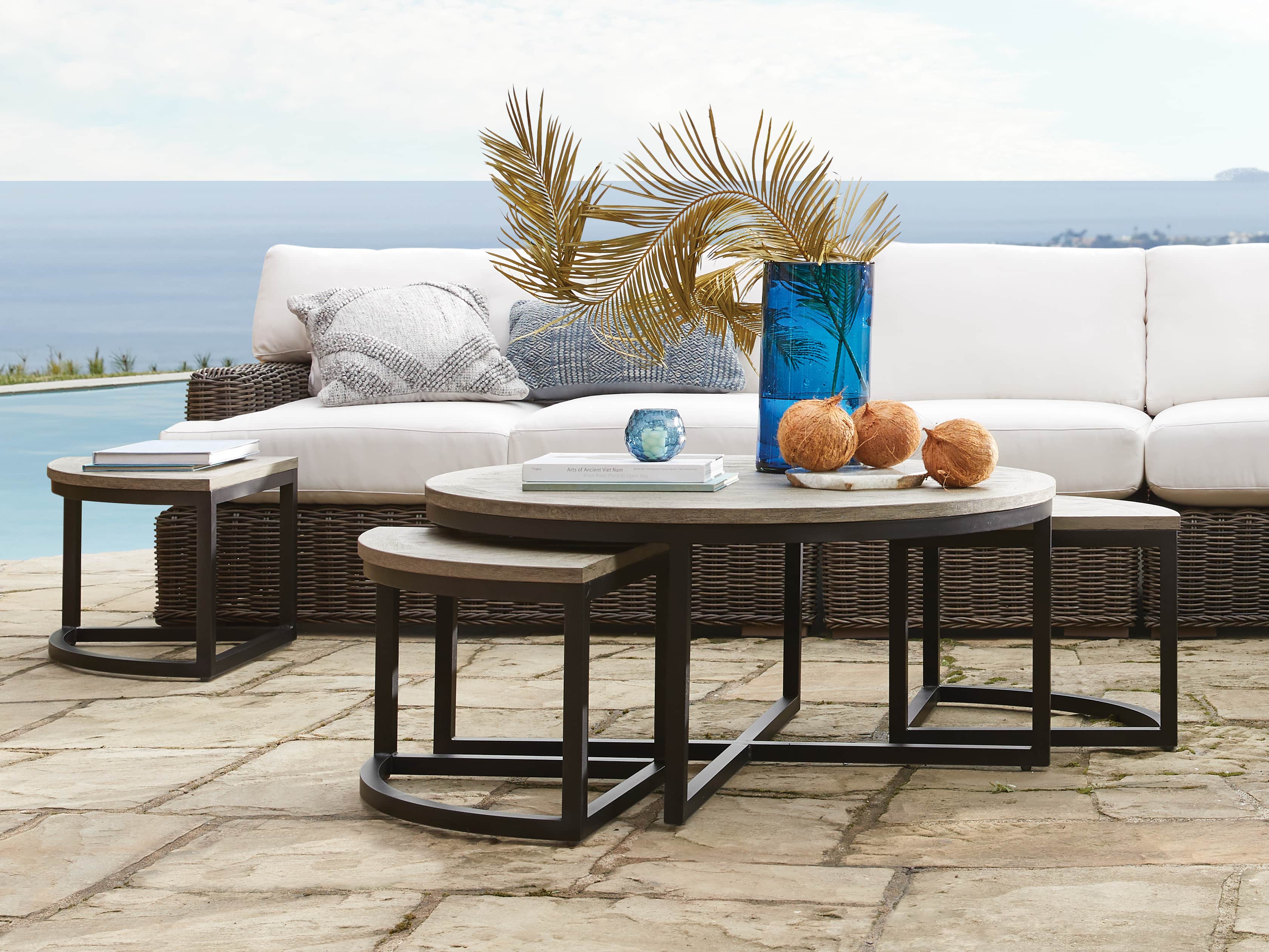 Palmer Outdoor Round Nesting Coffee Table in Driftwood Grey, slide 1 of 9