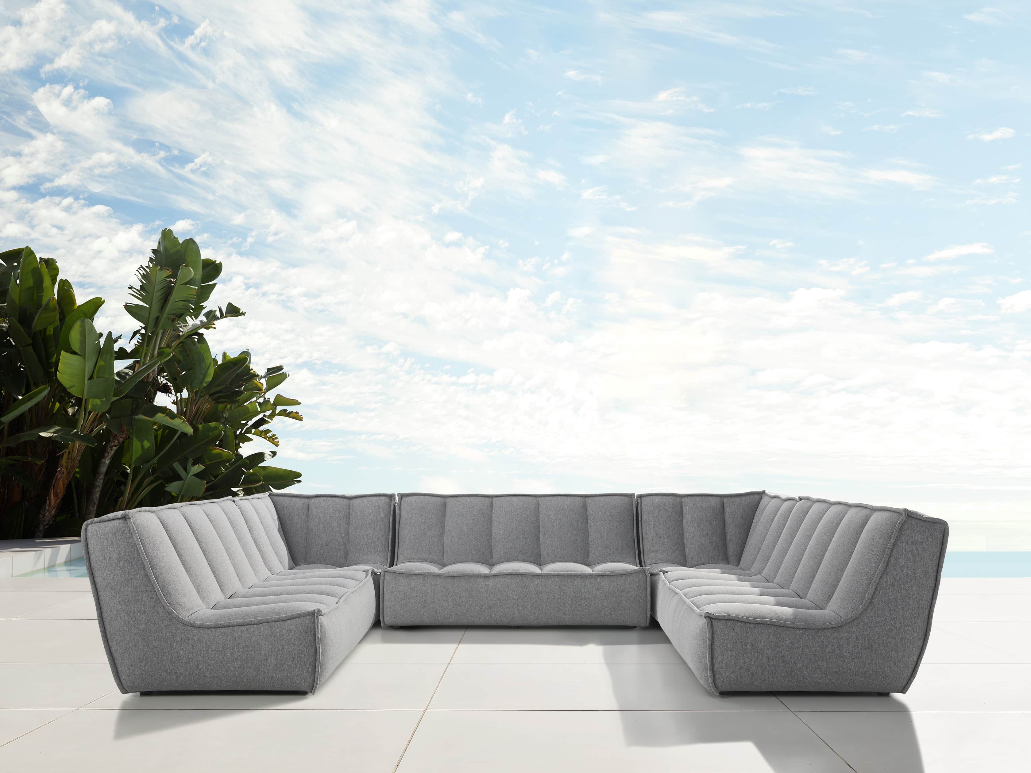 Porto Outdoor Upholstered 138" Five Piece Sectional in Southend Grey, slide 1 of 6
