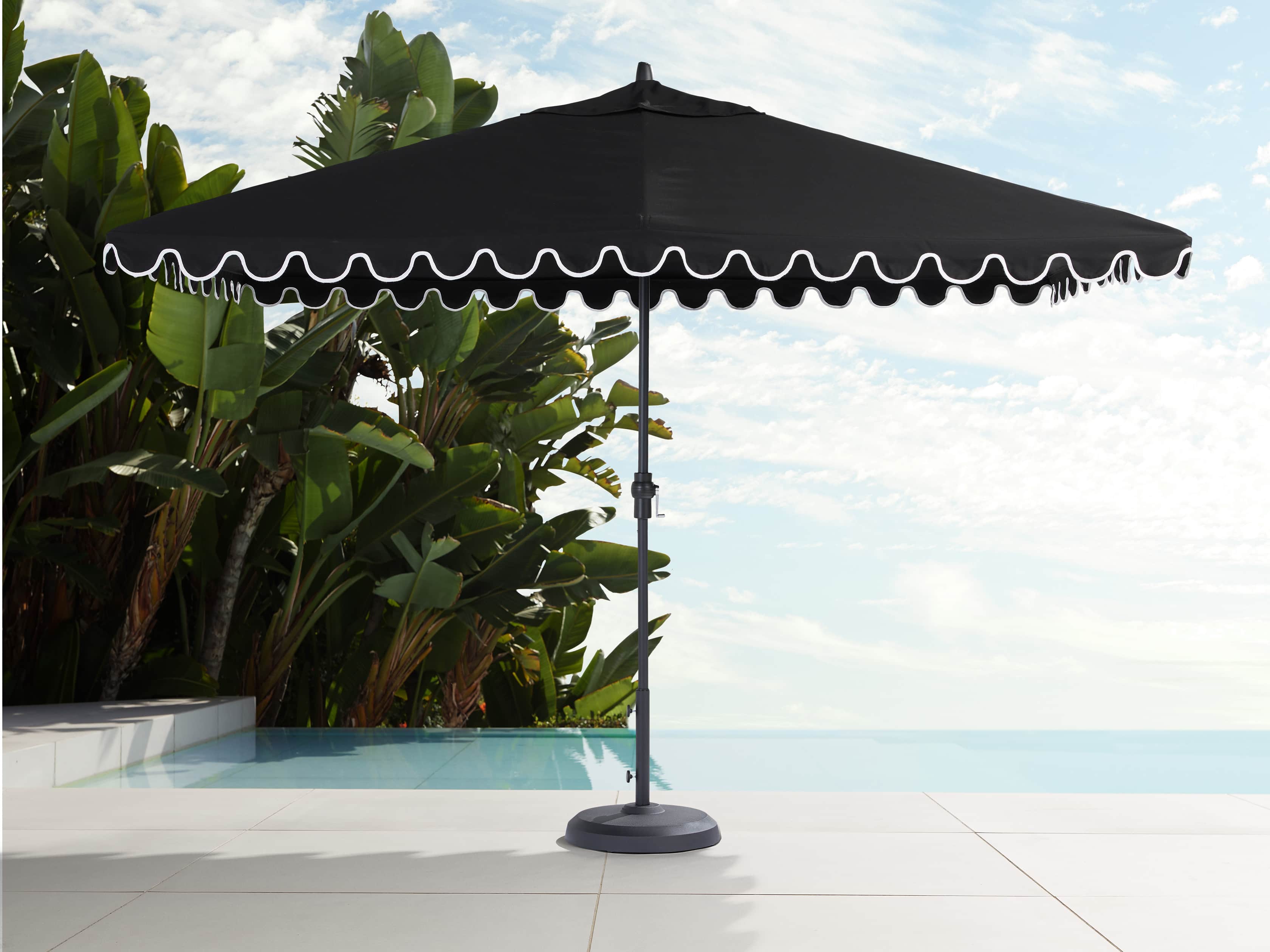 8' x 11' Rectangular Scalloped Umbrella in Canvas Black and Natural Trim with Black Frame, slide 1 of 4