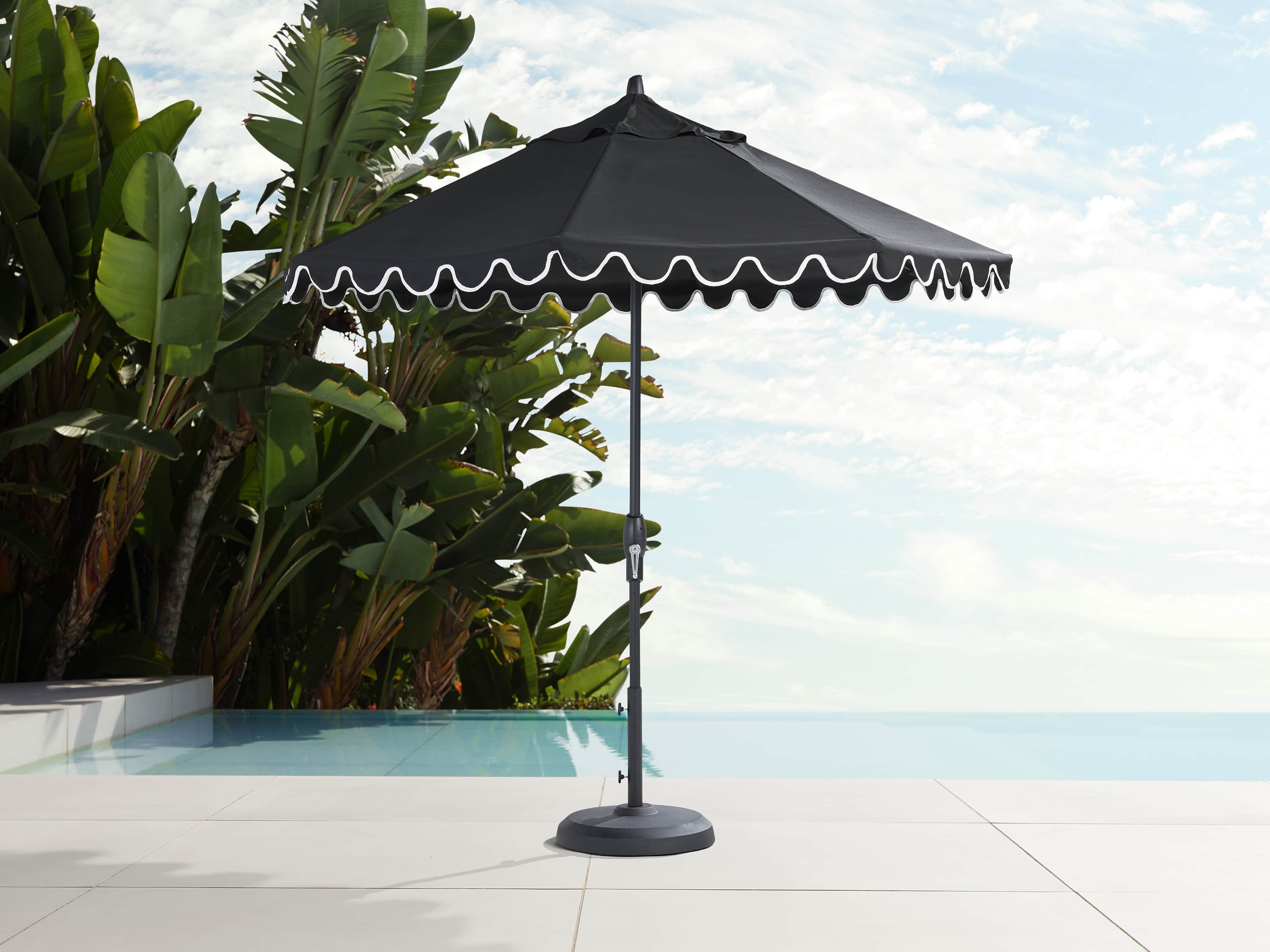 9' Octagonal Scalloped Umbrella in Canvas Black and Natural Trim with Black Frame, slide 1 of 4
