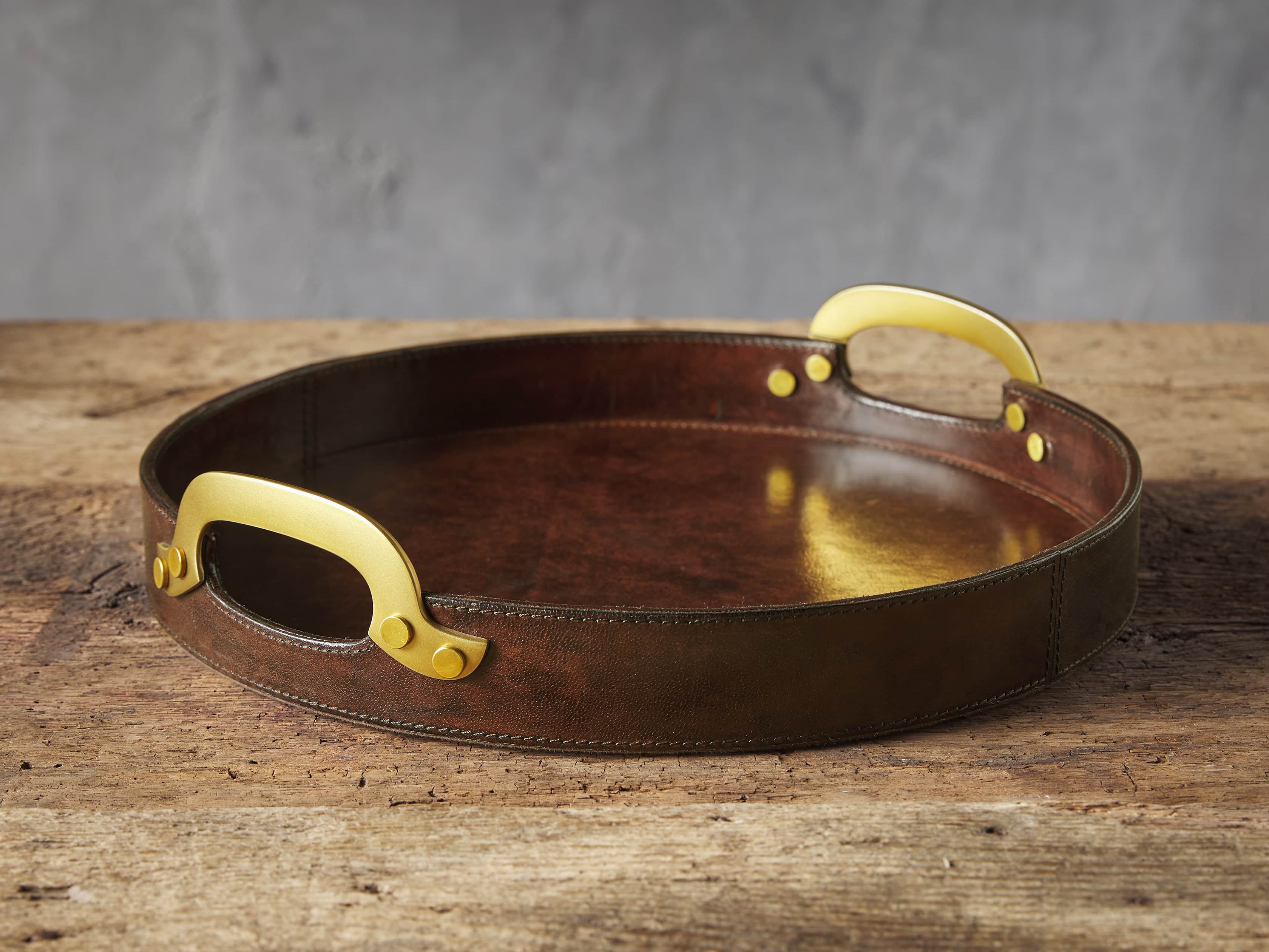 Round Wood Tray with Leather Handles