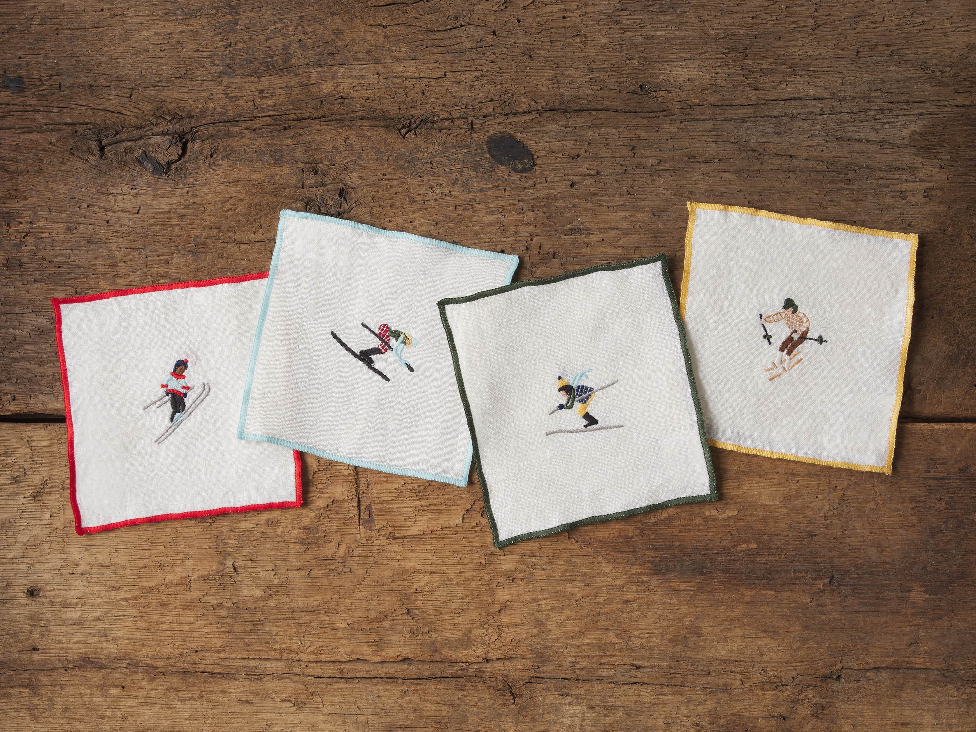 Set of 4 Skier Embroidered Cocktail Napkins, slide 1 of 2