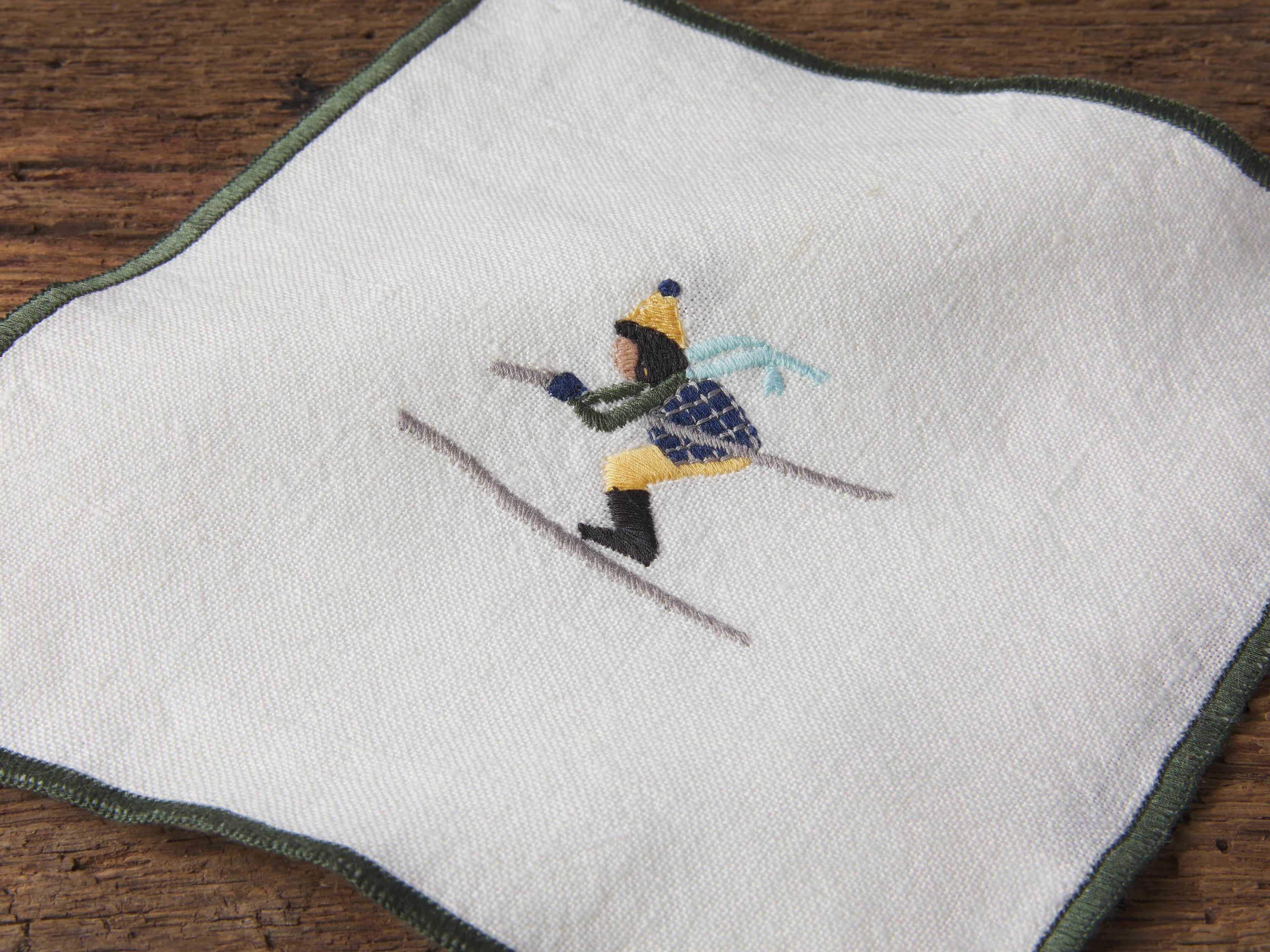 Set of 4 Skier Embroidered Cocktail Napkins, slide 2 of 2