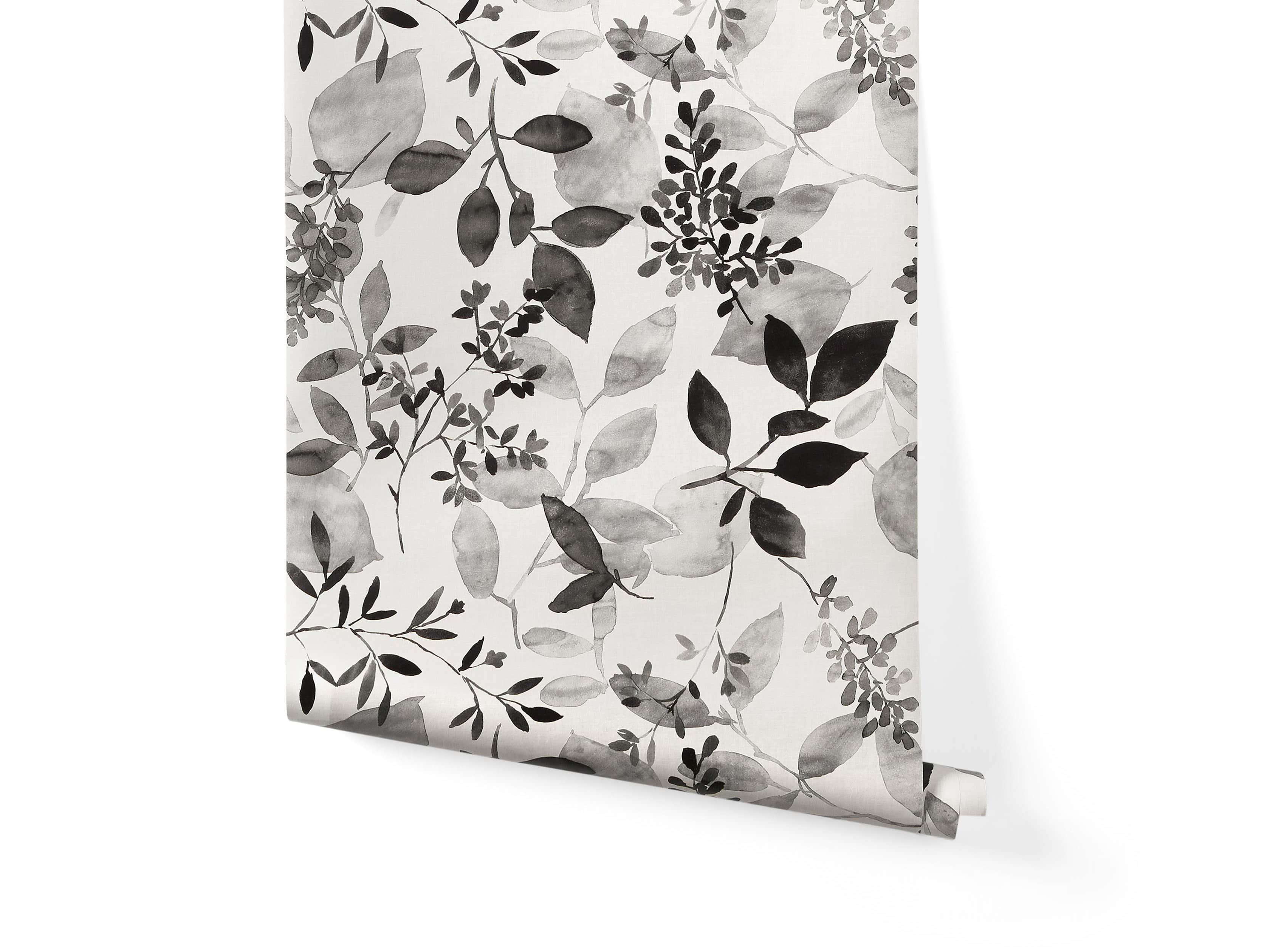 Watercolor Botanicals Wallpaper in Black, slide 2 of 4