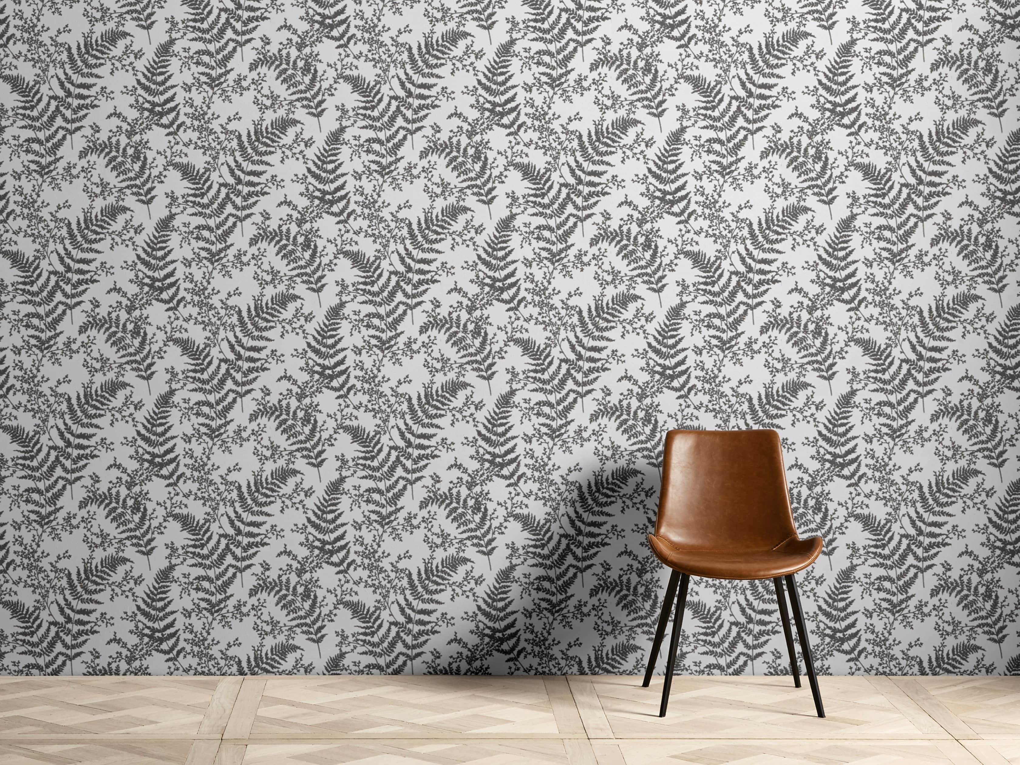 Flocked Fronds Wallpaper in Grey, slide 1 of 3