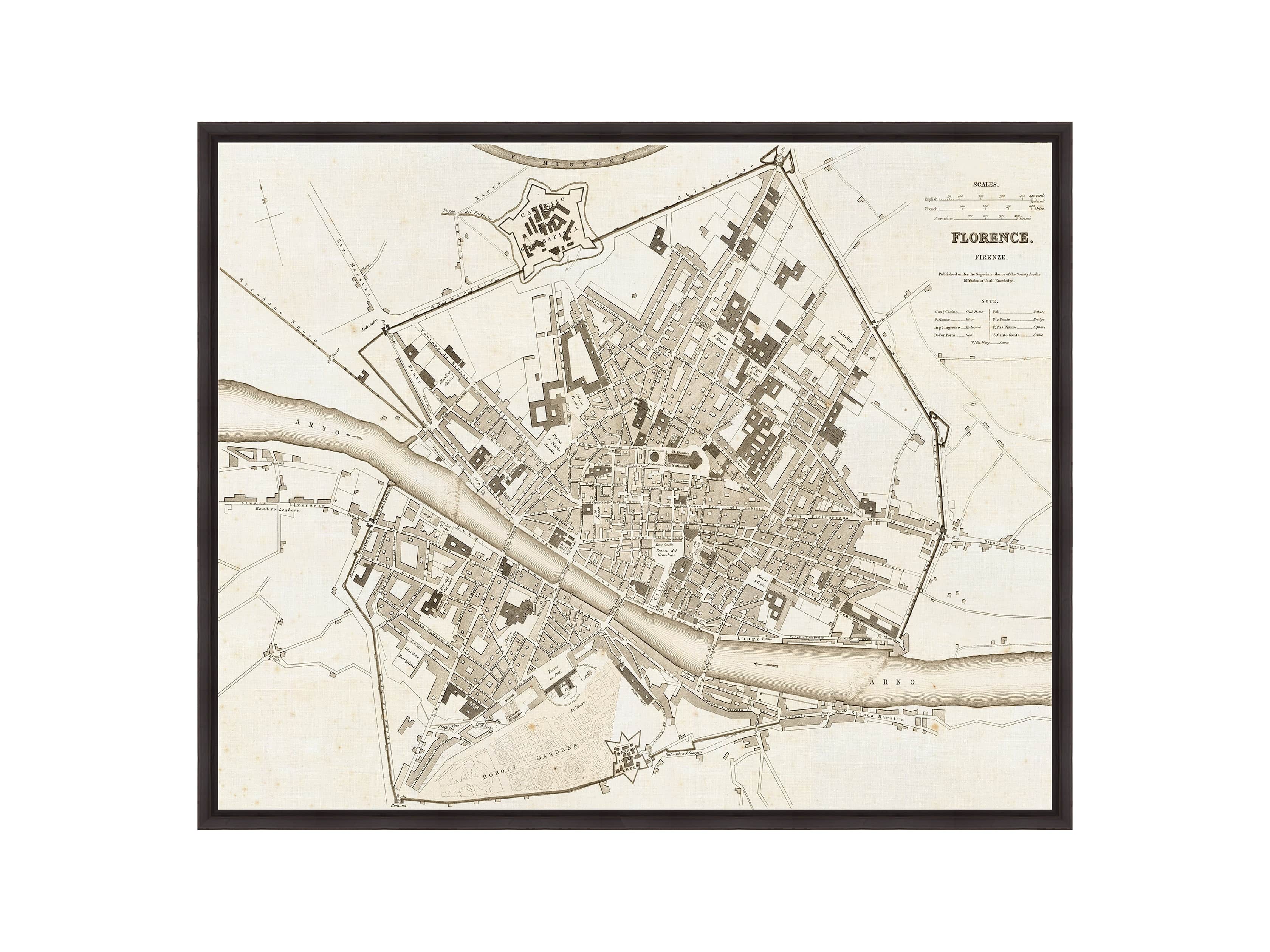 Vintage Florence Map 33" X 27" Framed Print