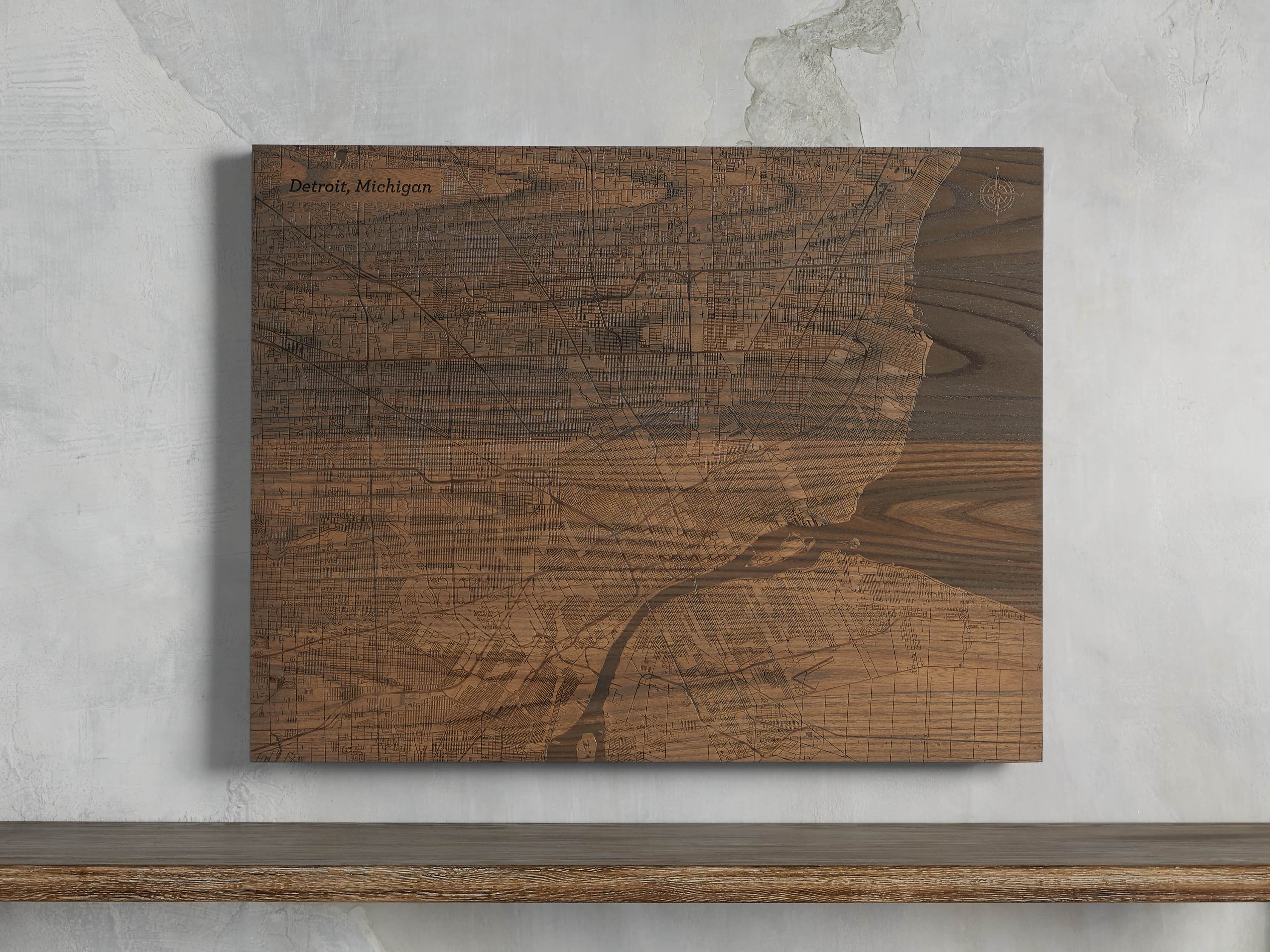 Engraved Wood Detroit Street Map in Briarsmoke, slide 1 of 3