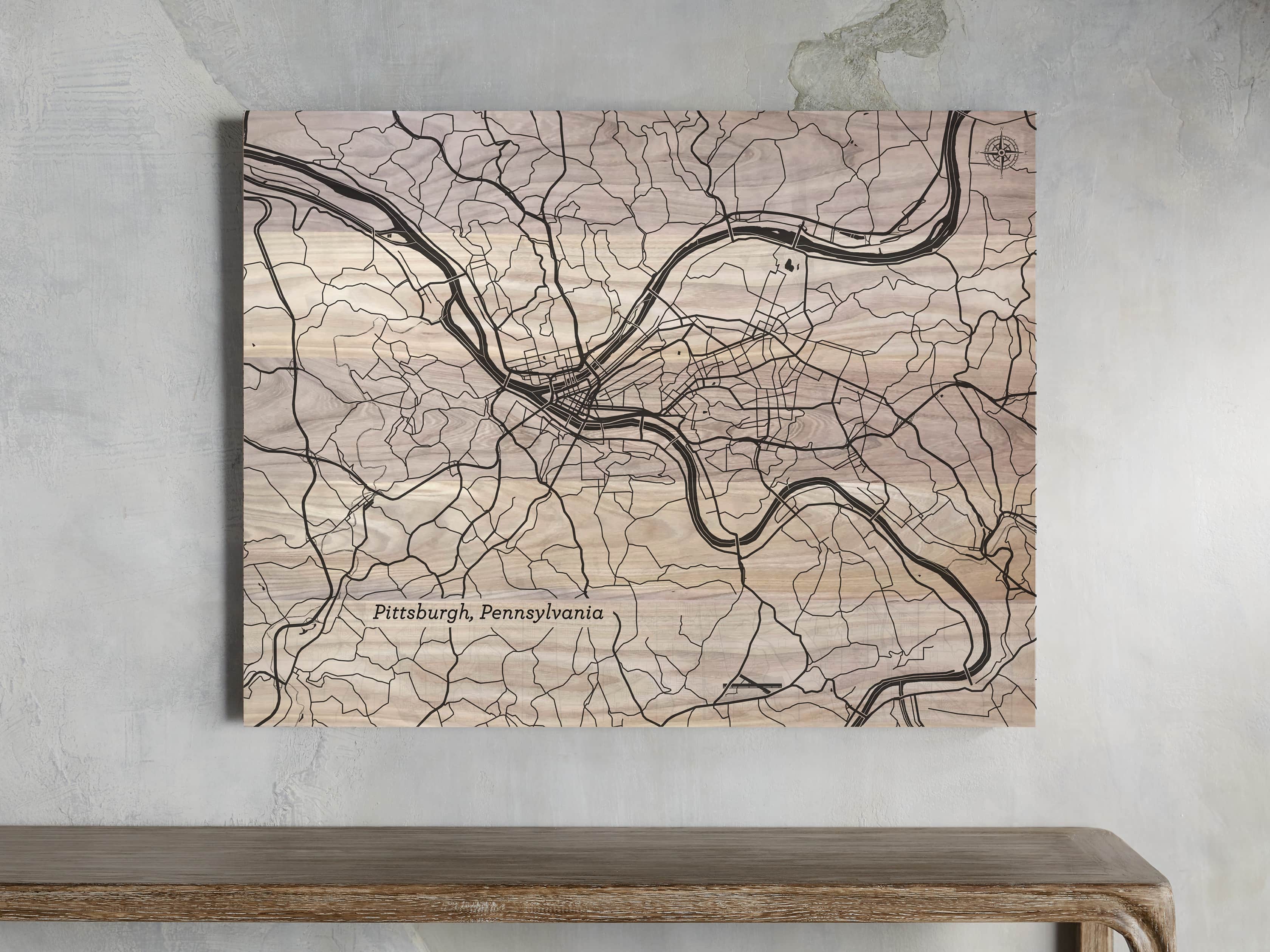 Engraved Wood Pittsburgh Street Map in Natural, slide 1 of 1