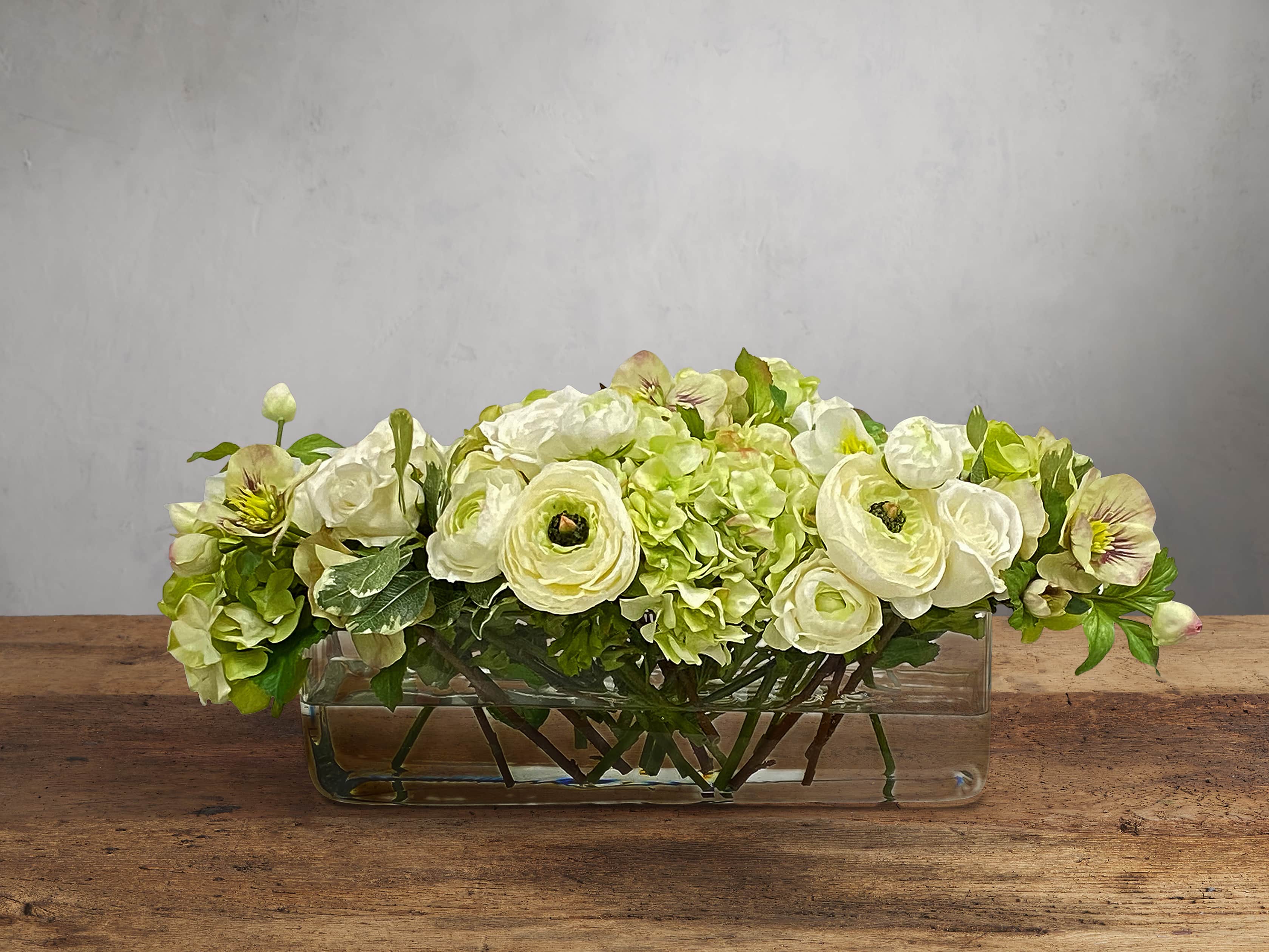 Faux White Rose Stems in Rectangle Glass Vase