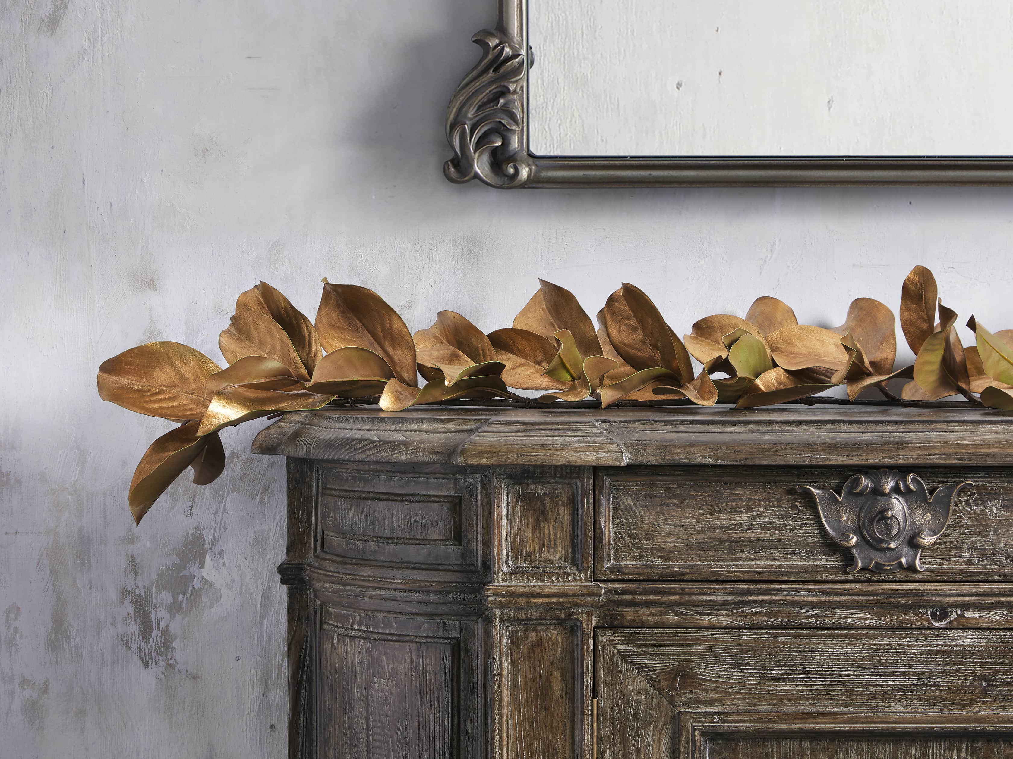Faux Magnolia Gold Leaf Garland 5', slide 2 of 3