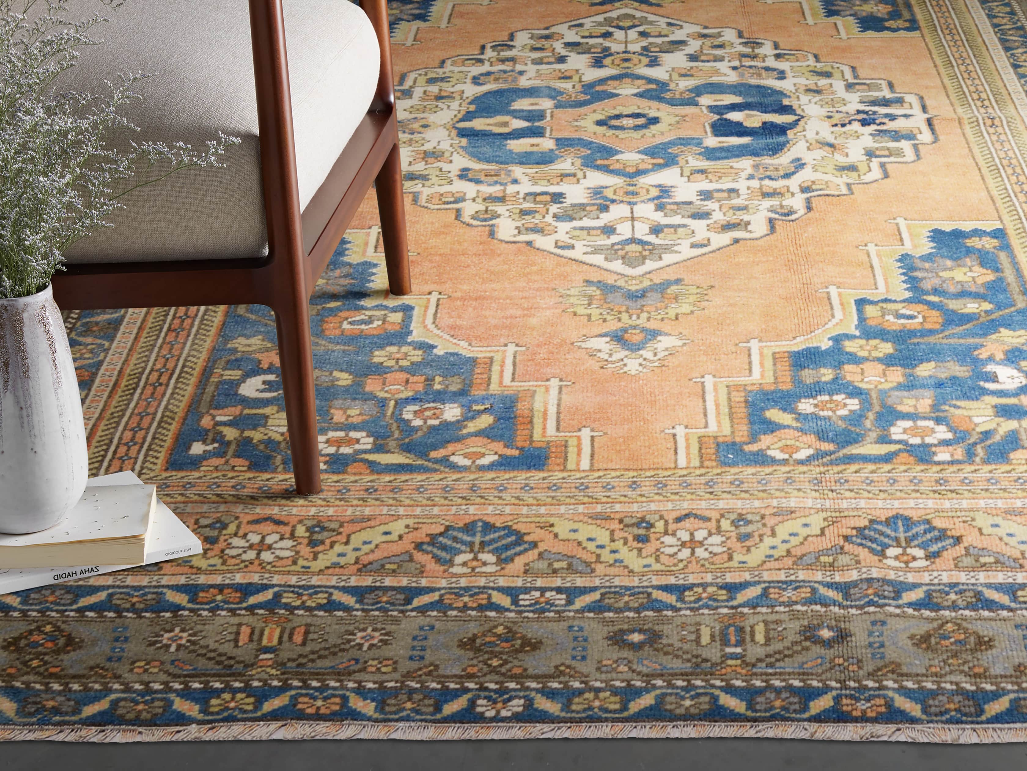 View the One of a Kind 4'8" x 8'4" Vintage Turkish Oushak Rugs