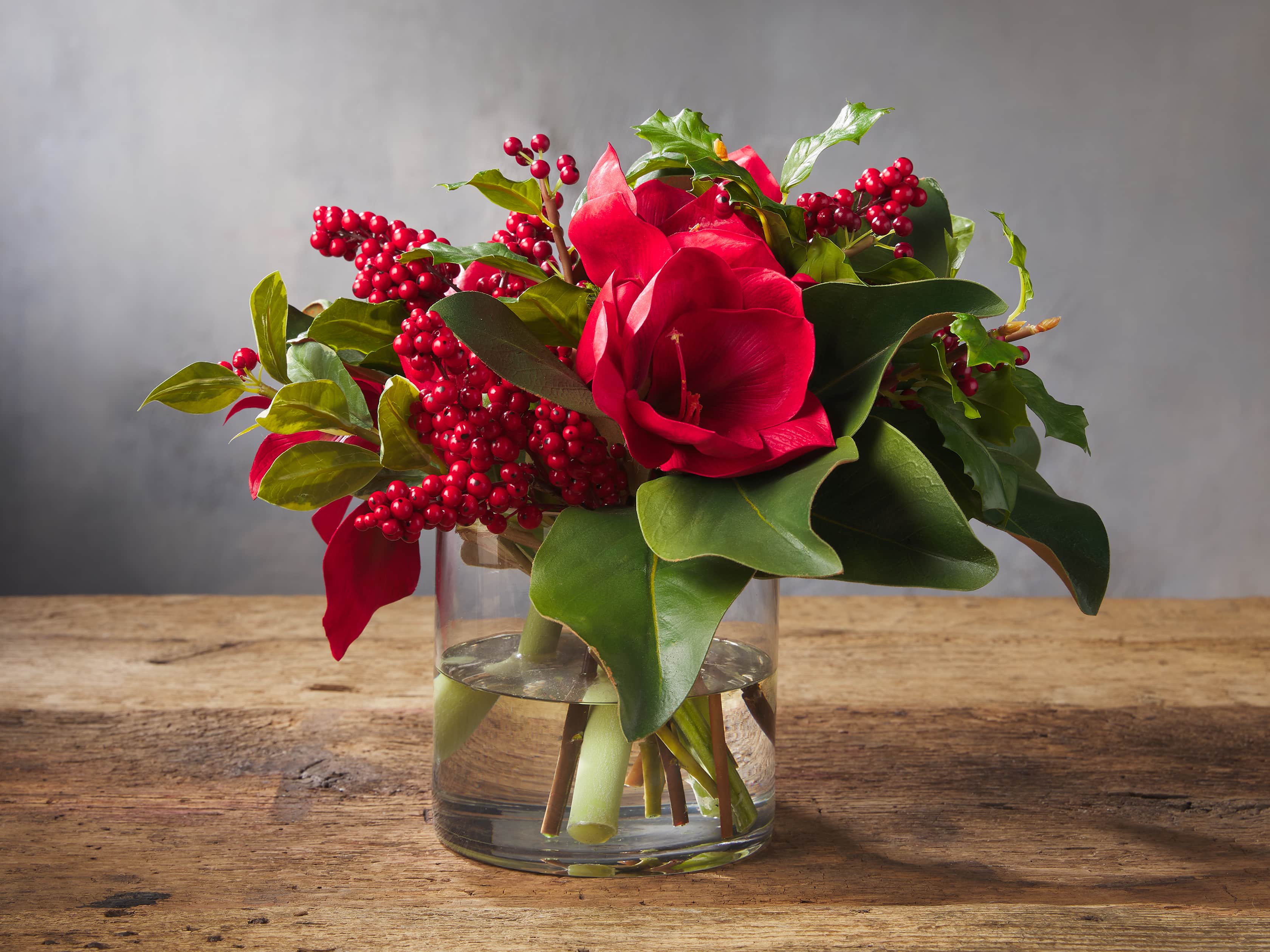 Faux Amaryllis & Holly in Vase, slide 1 of 1