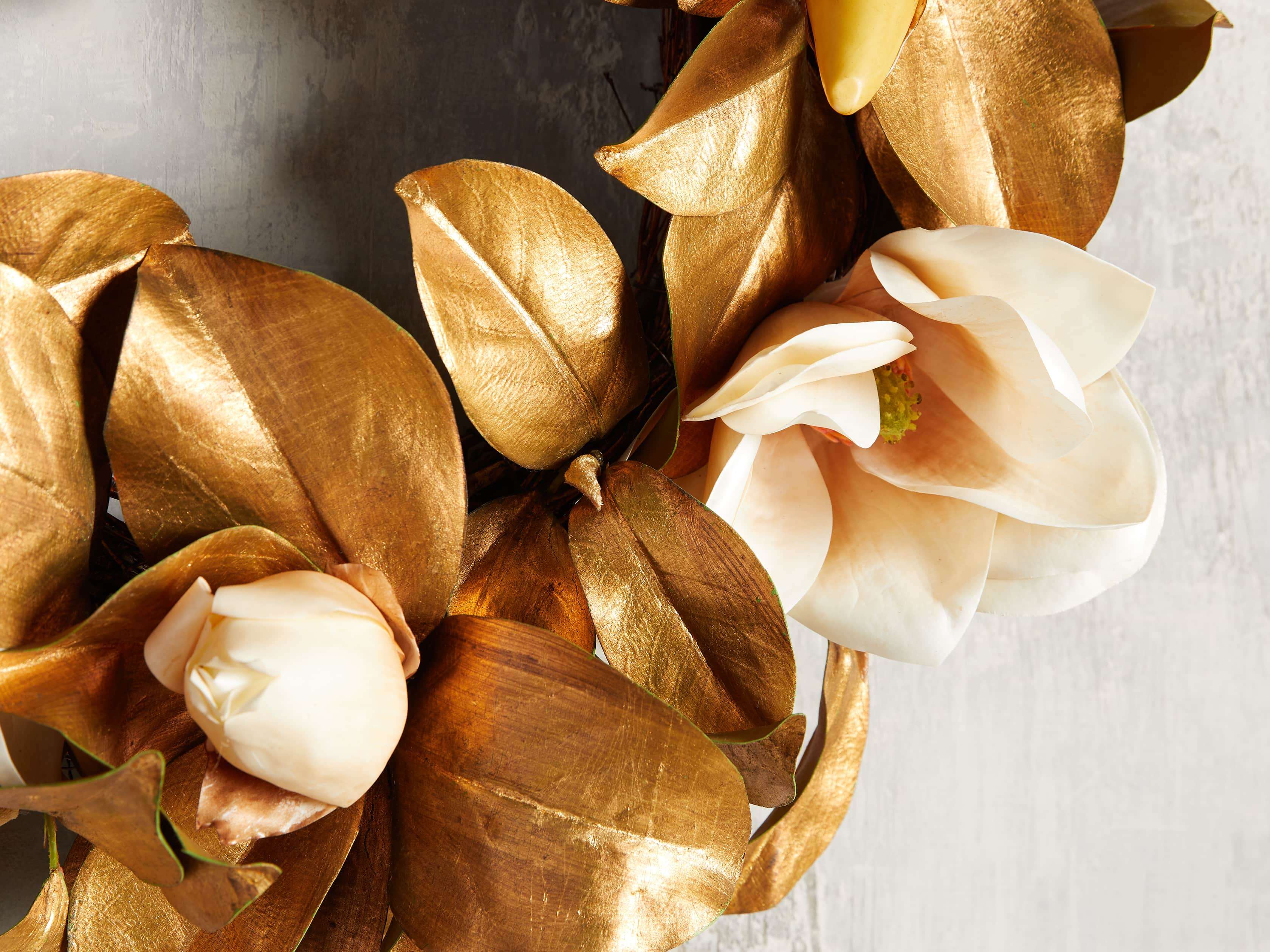 Faux Magnolia Gold Wreath, slide 2 of 3