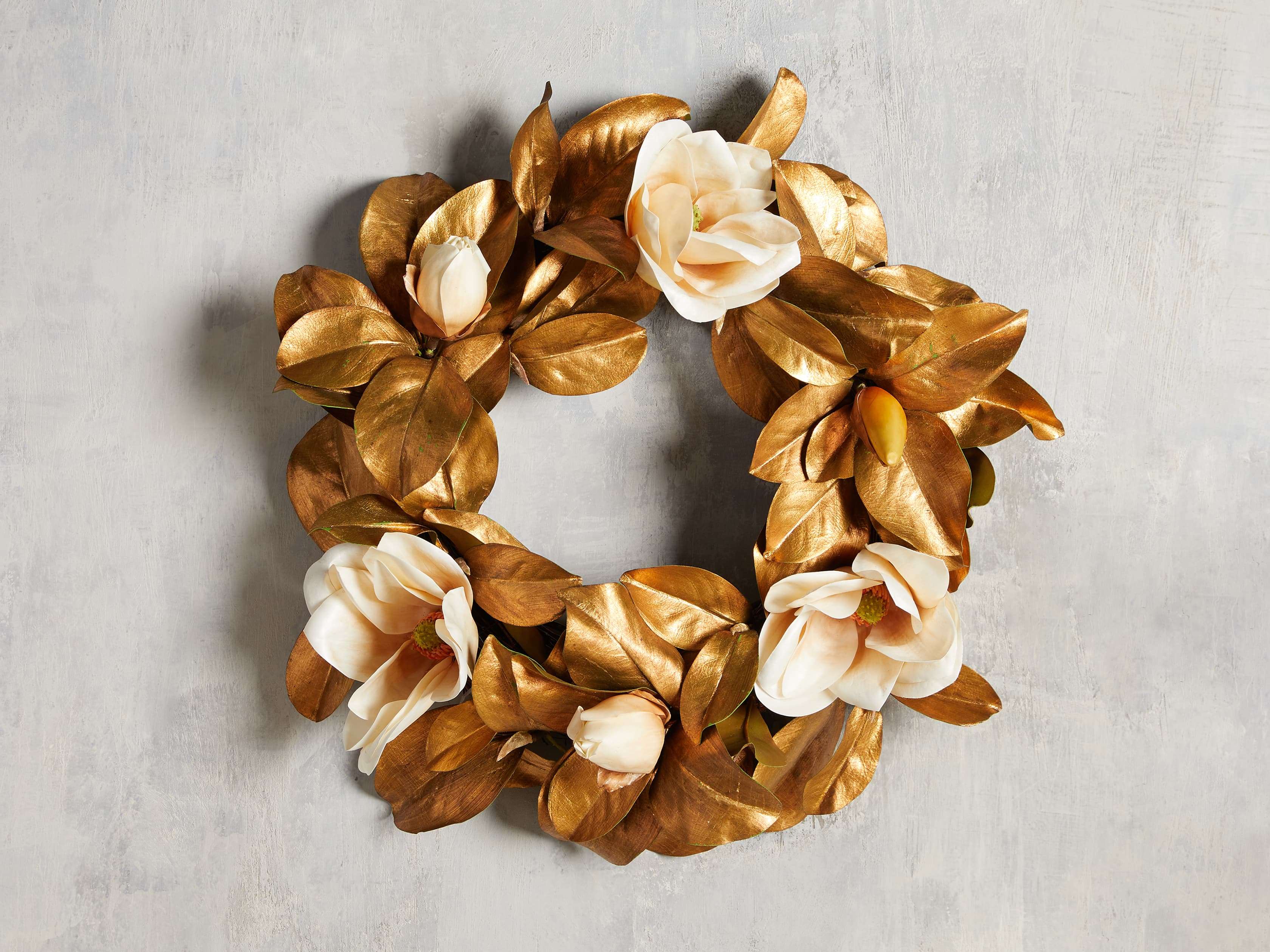 Faux Magnolia Gold Wreath, slide 1 of 3