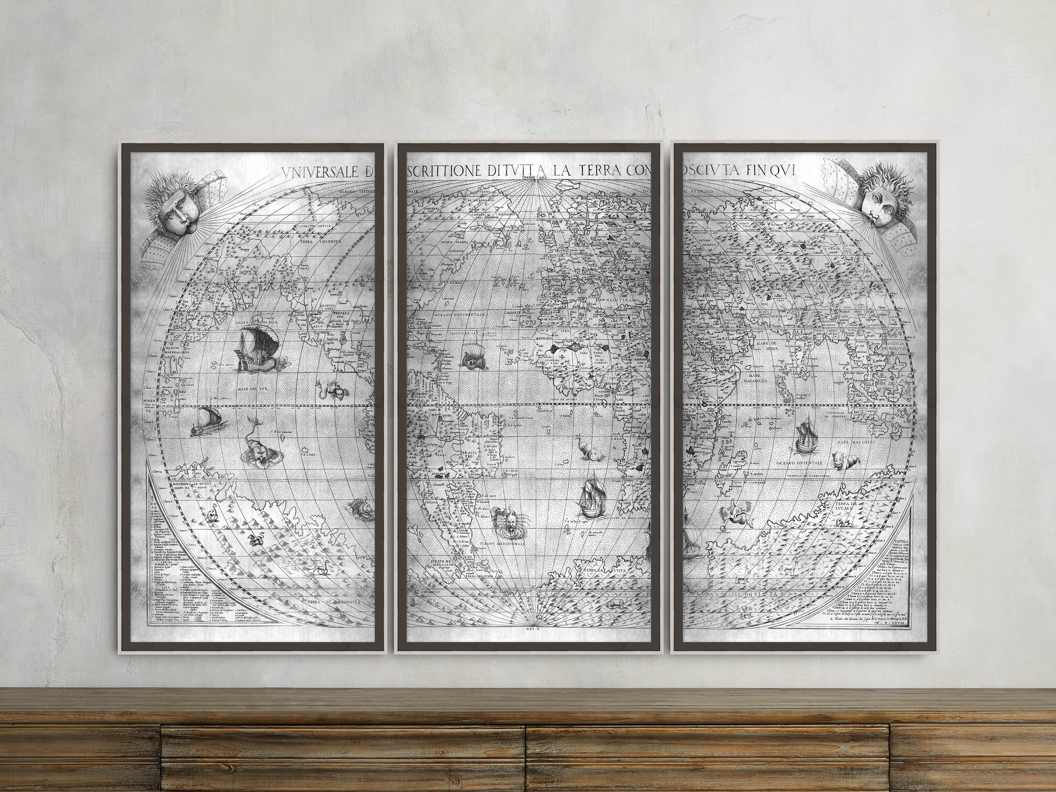 Silver World Map 22" X 42" Triptych