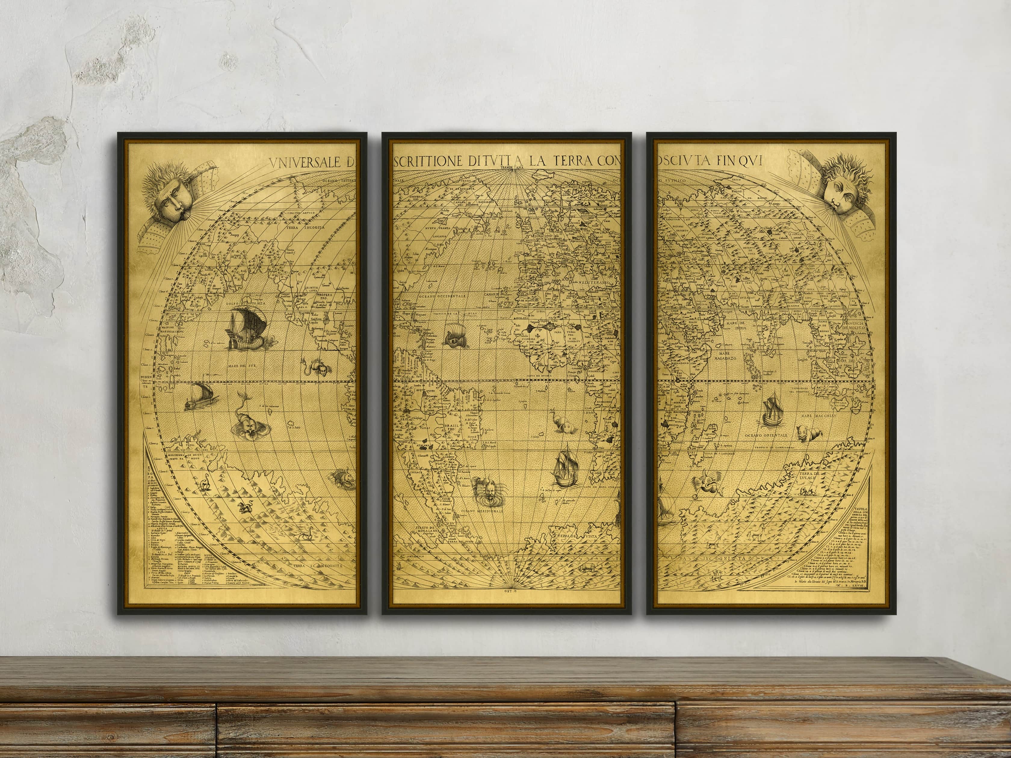 Gold World Map 15.5" X 31.5" Triptych, slide 1 of 2