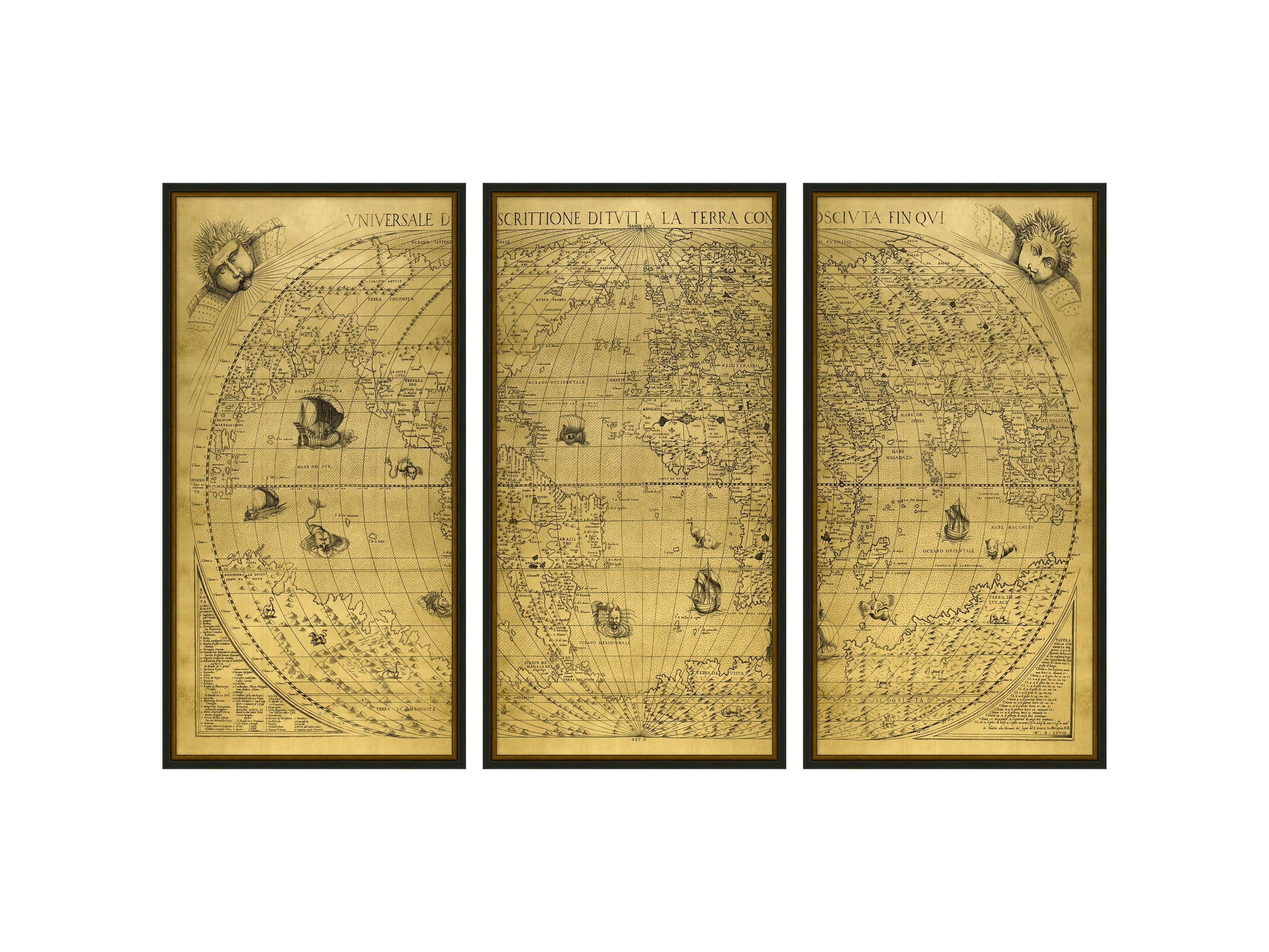 Gold World Map 15.5" X 31.5" Triptych, slide 2 of 2