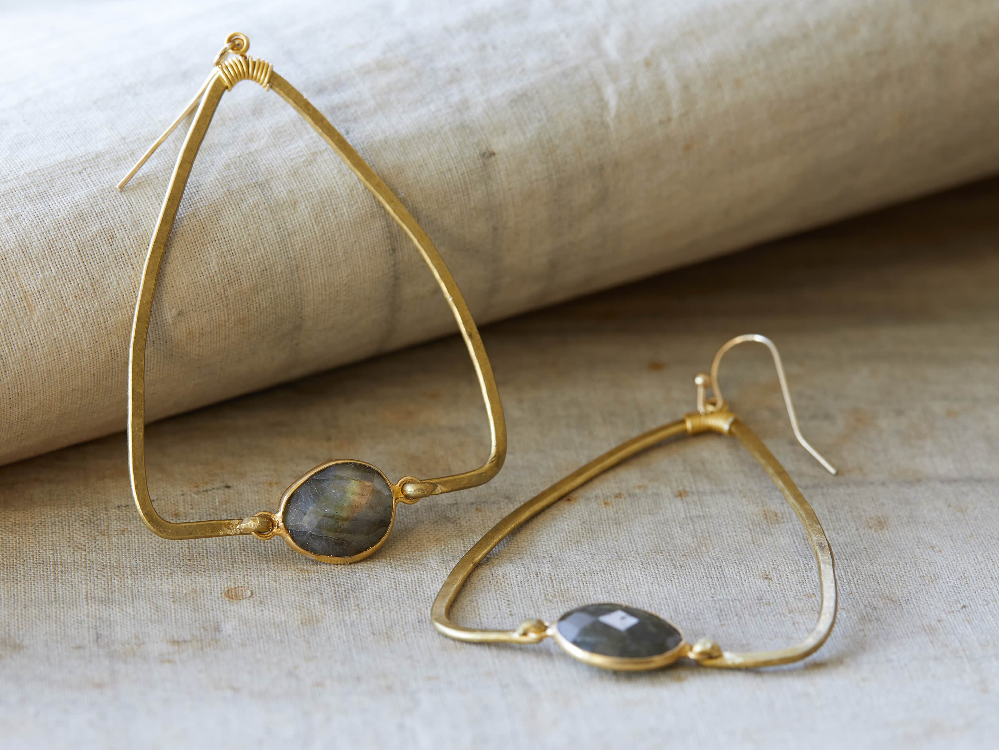 Labradorite Earrings with Textured Hammered Drop 14k Gold-plated Silver