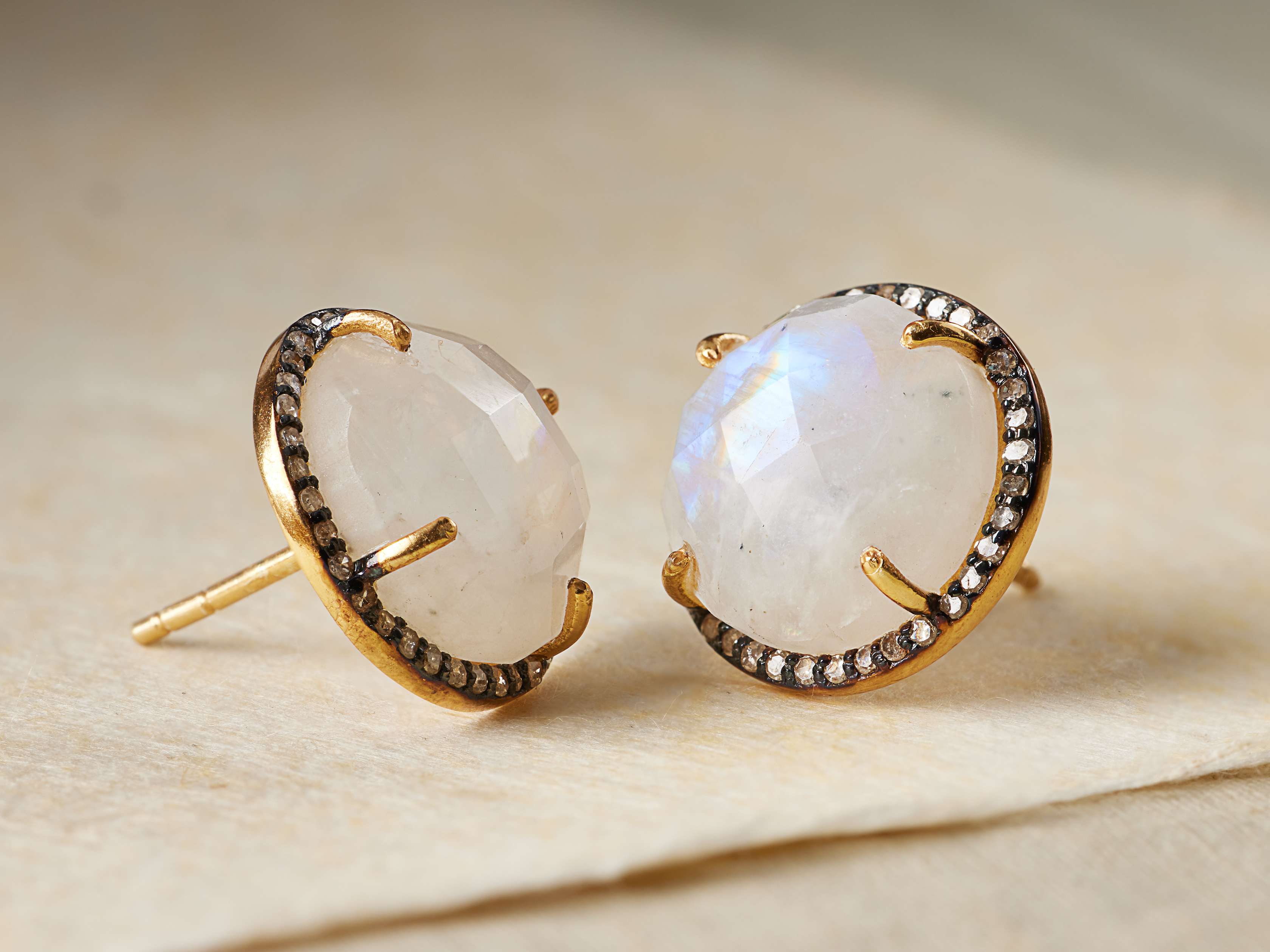 Moonbeam Moonstone Diamond Studs I Moonstone Stud Earrings I NIXIN