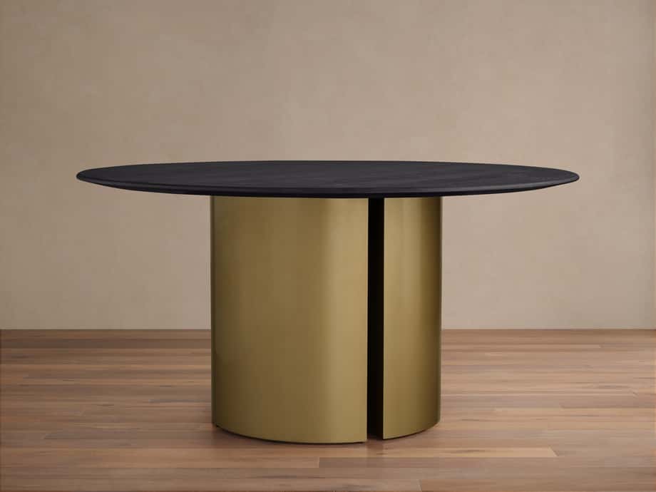 Saint Germain Round Wood Dining Table with Dauphine Base in Metal
