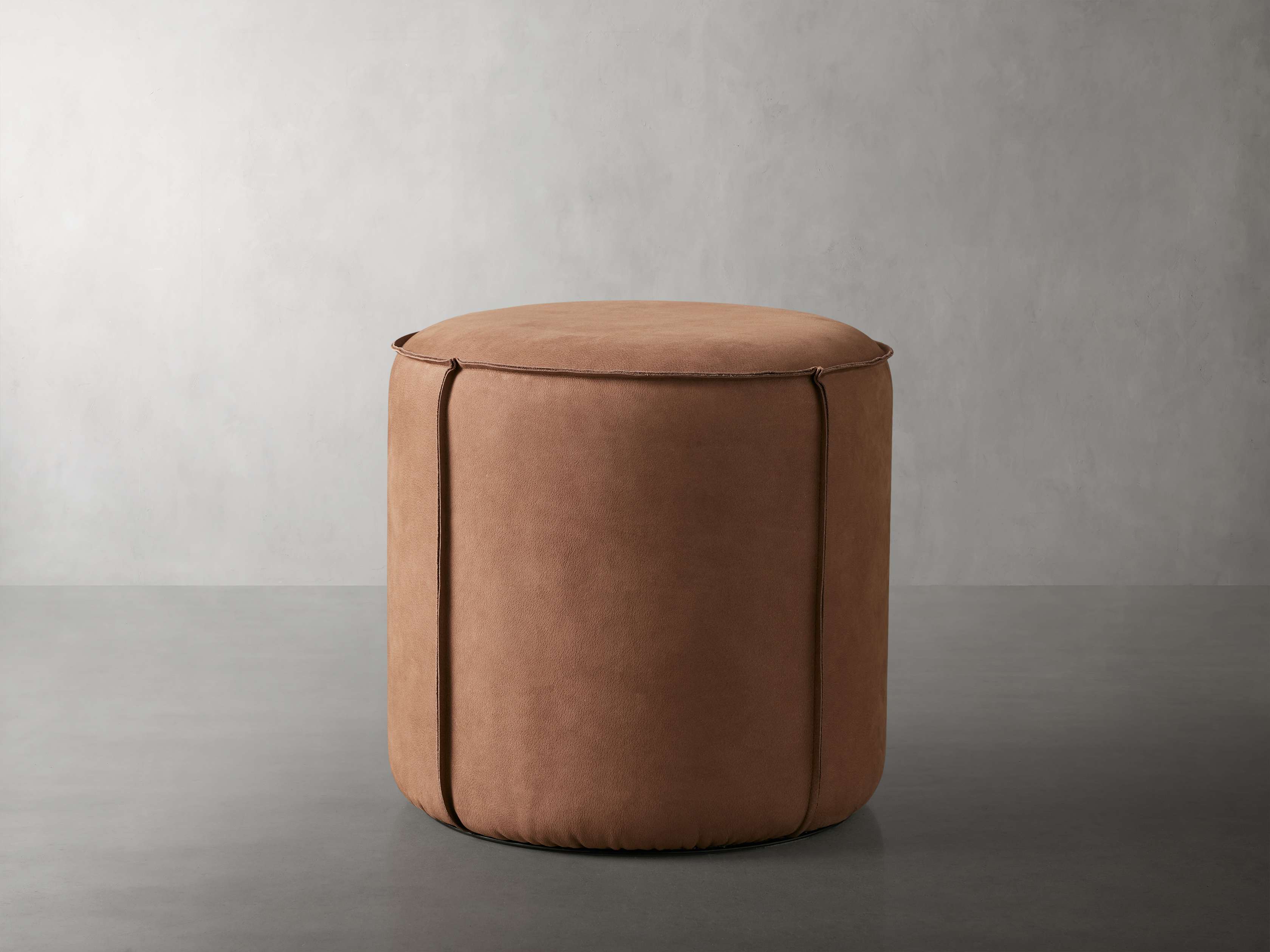Nubuck Round Leather Pouf in Mink