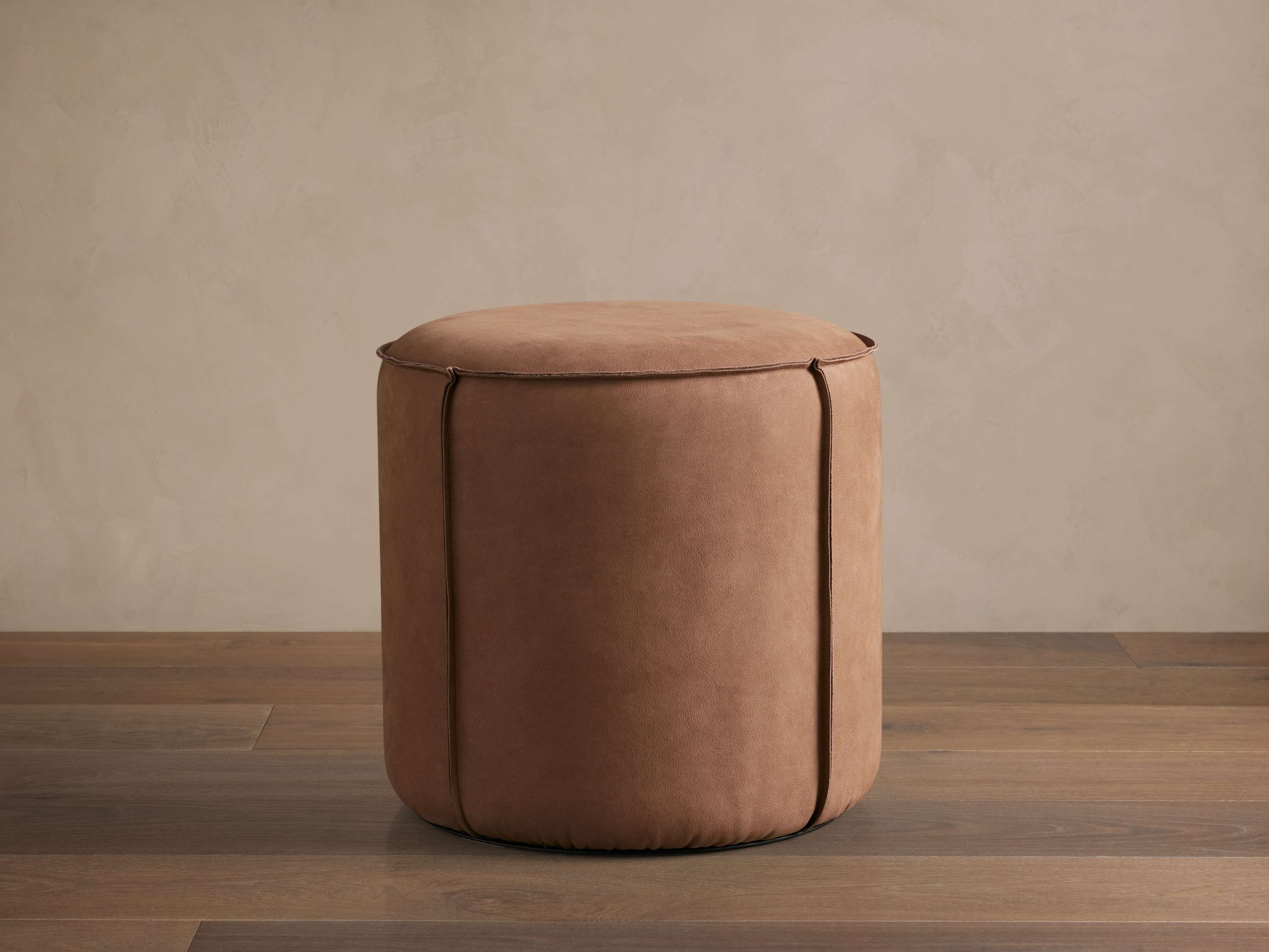 Nubuck Round Leather Pouf in Mink