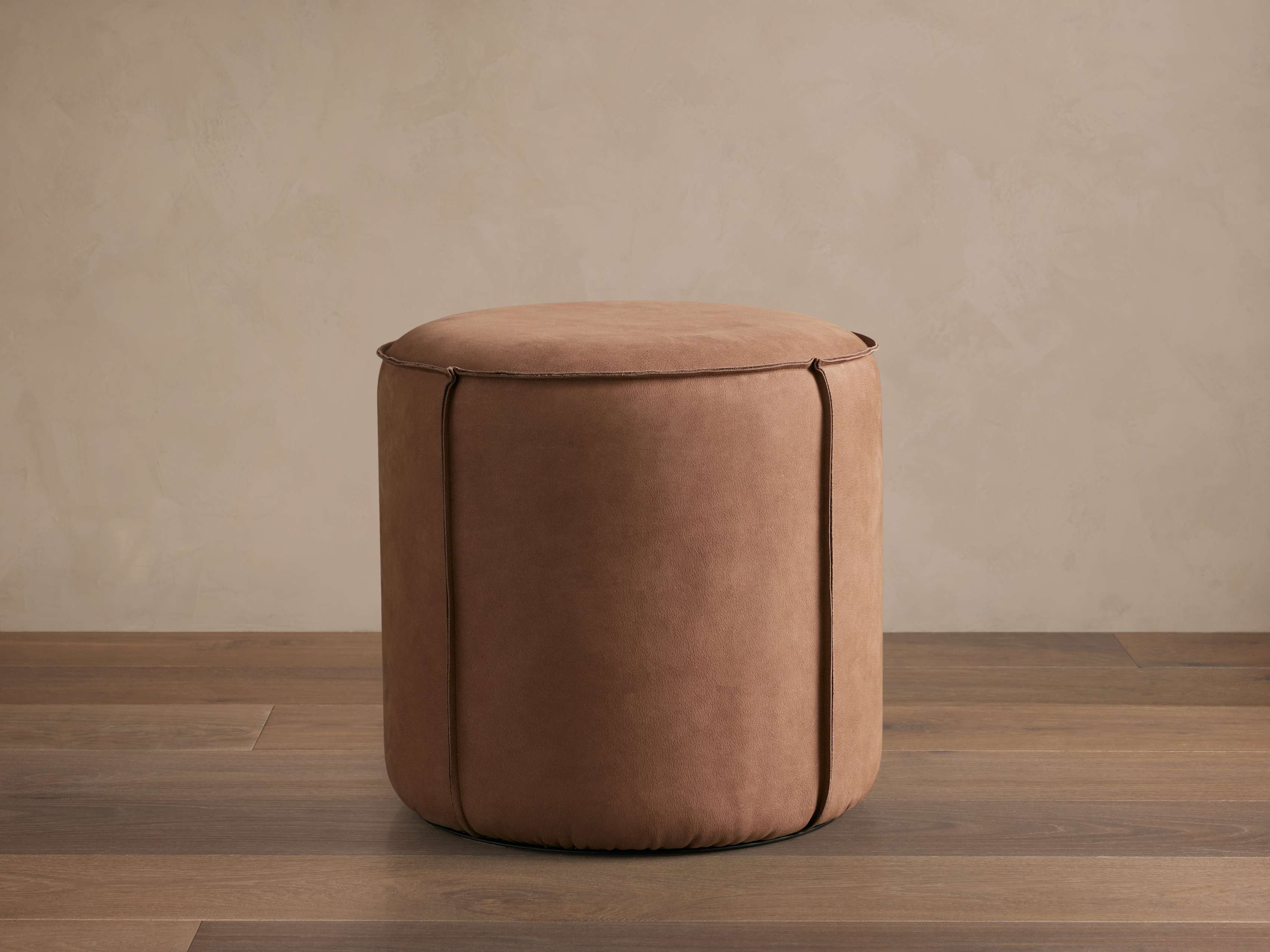 Nubuck Round Leather Pouf in Mink