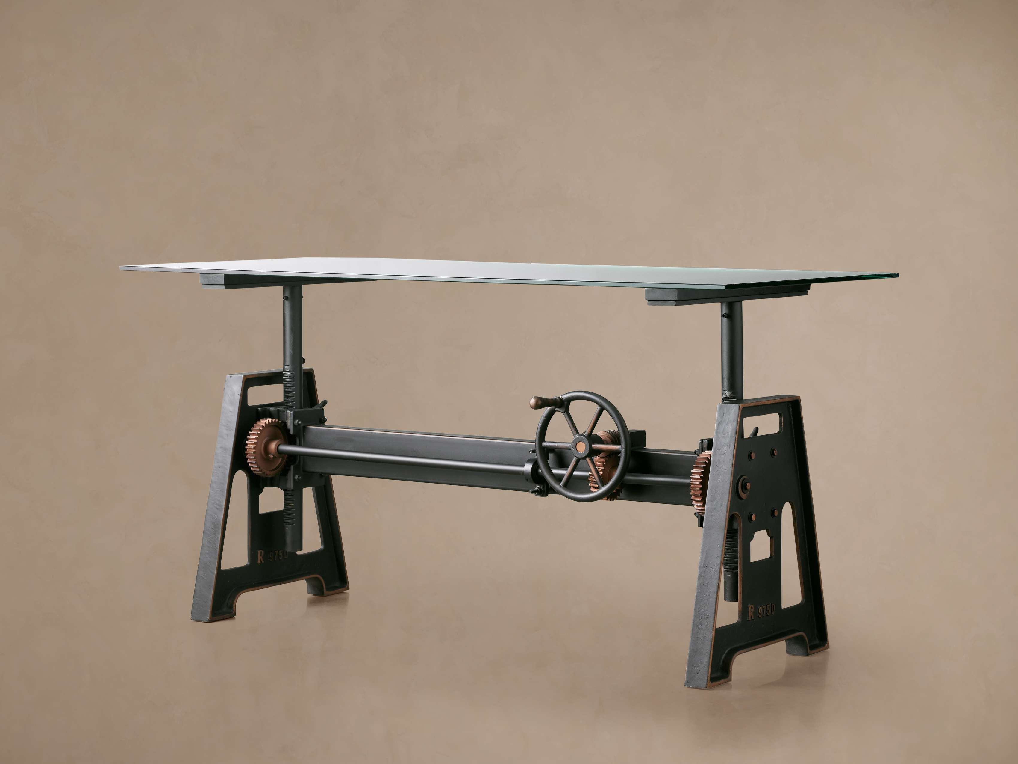 Industrial Crank Desk with Glass Top