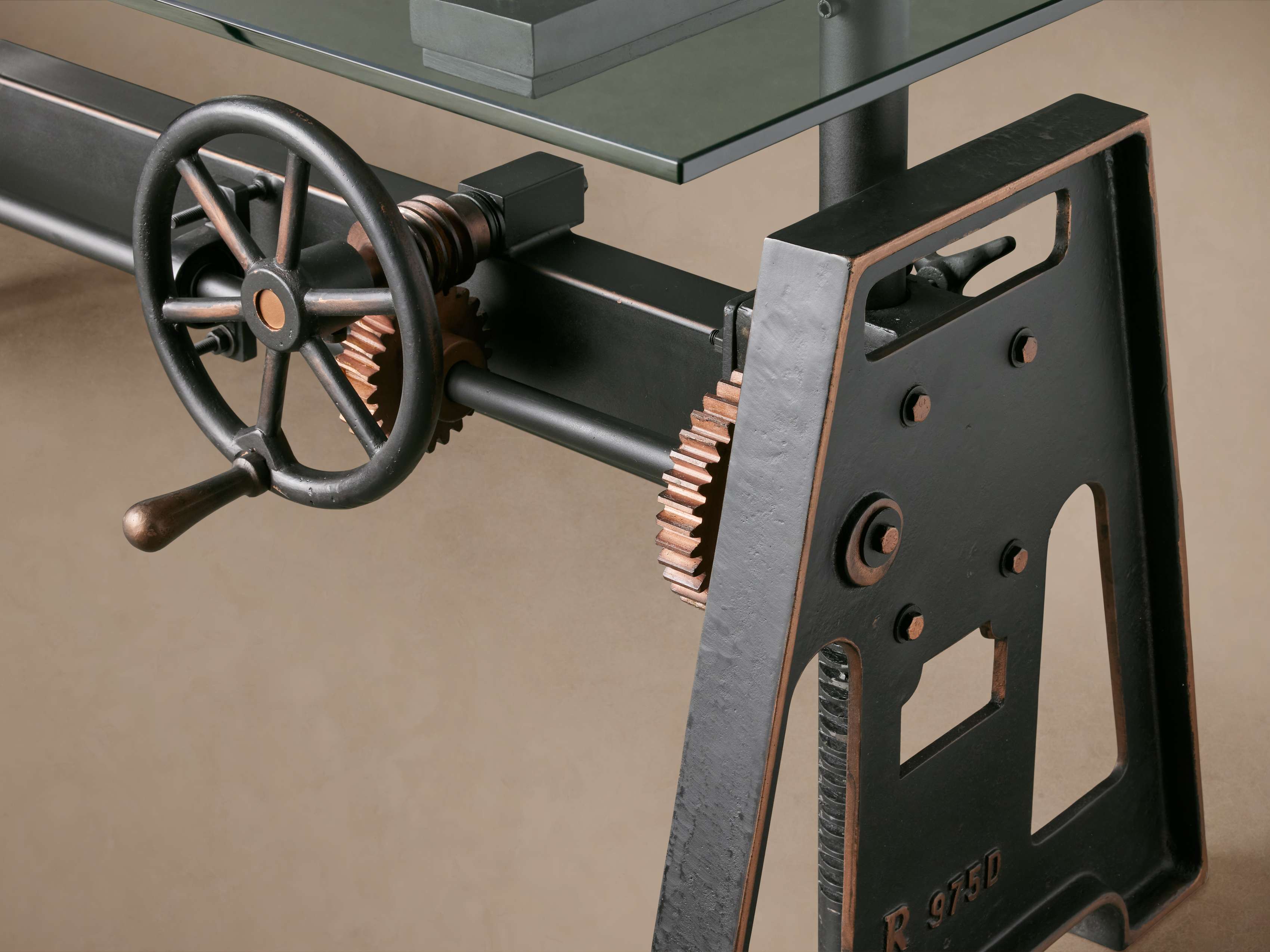 Industrial Crank Desk with Glass Top