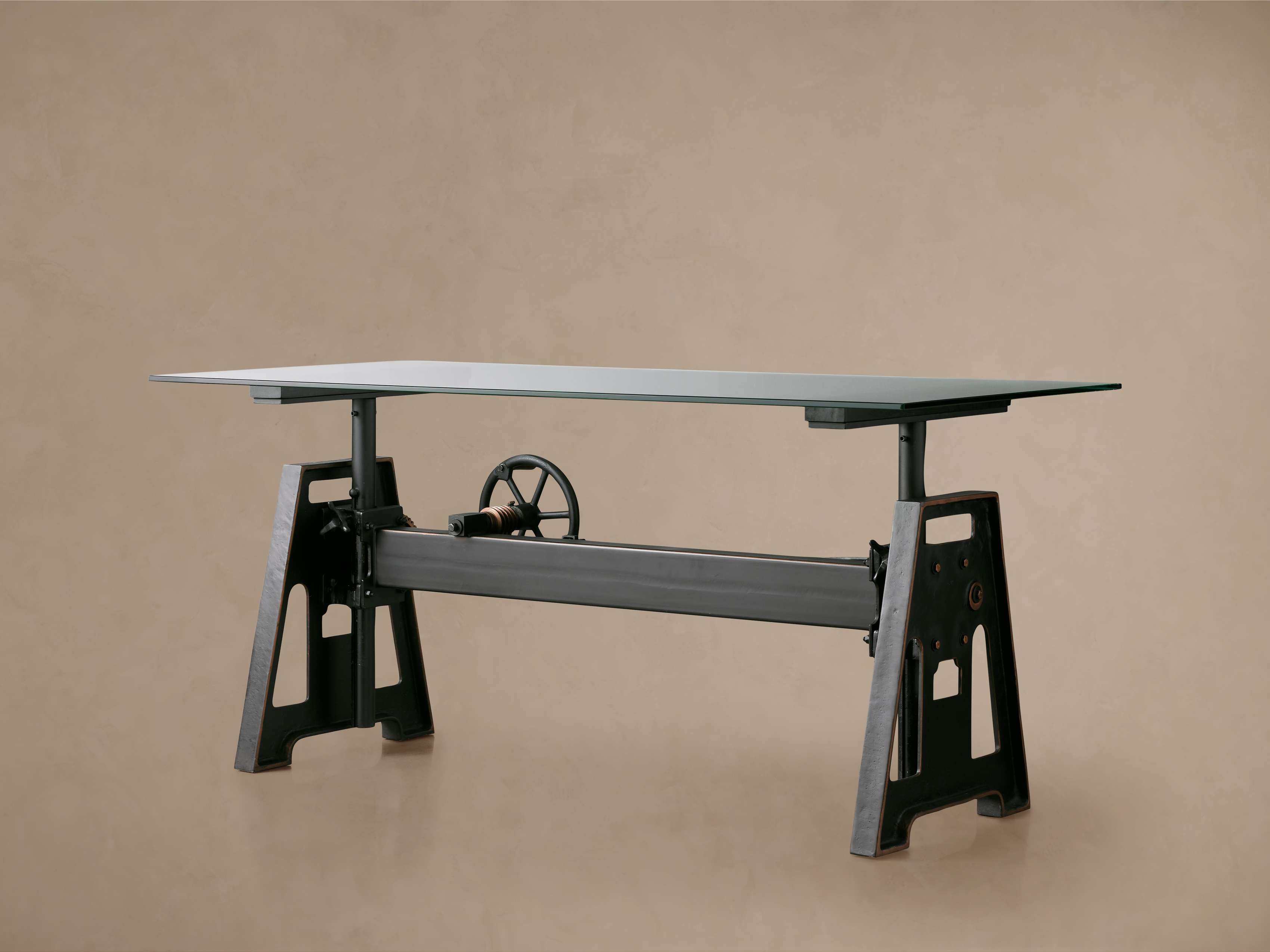 Industrial Crank Desk with Glass Top