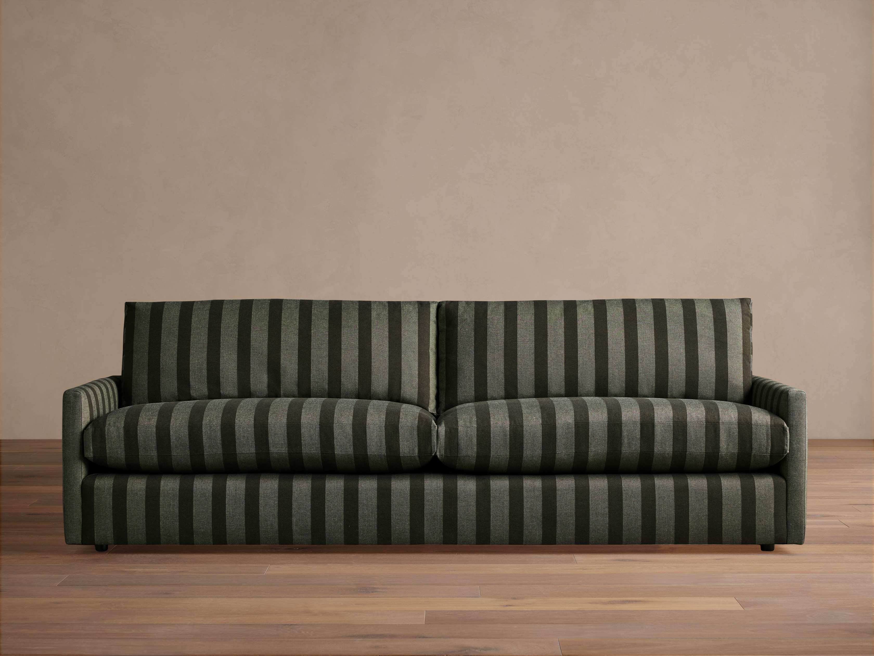 Kipton Slim Arm Sofa, front view. Dark green & charcoal vertical striped fabric, 2 seat & 2 back cushions, slim arms.